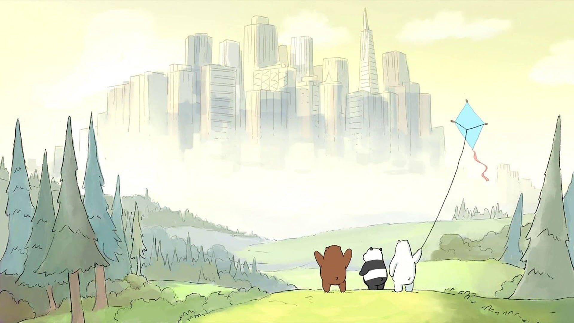We Bare Bears 桌布 壁紙 — 三隻卡通熊喺一個草地山丘上放緊一隻藍色風箏，俯瞰住一個被松樹框住嘅朦朧城市天際線。