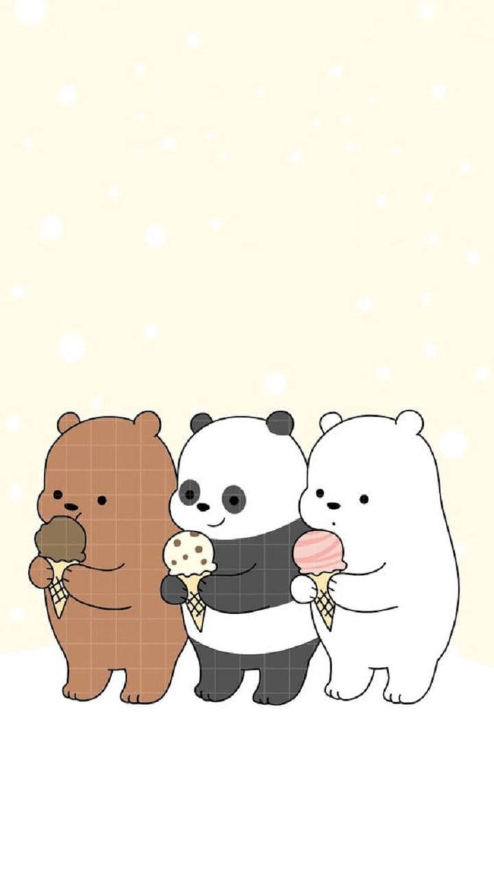 雪糕 桌布 壁紙 — 三隻卡通熊喺柔軟嘅米色背景上，開心咁揸住雪糕筒，背景有白色斑點。