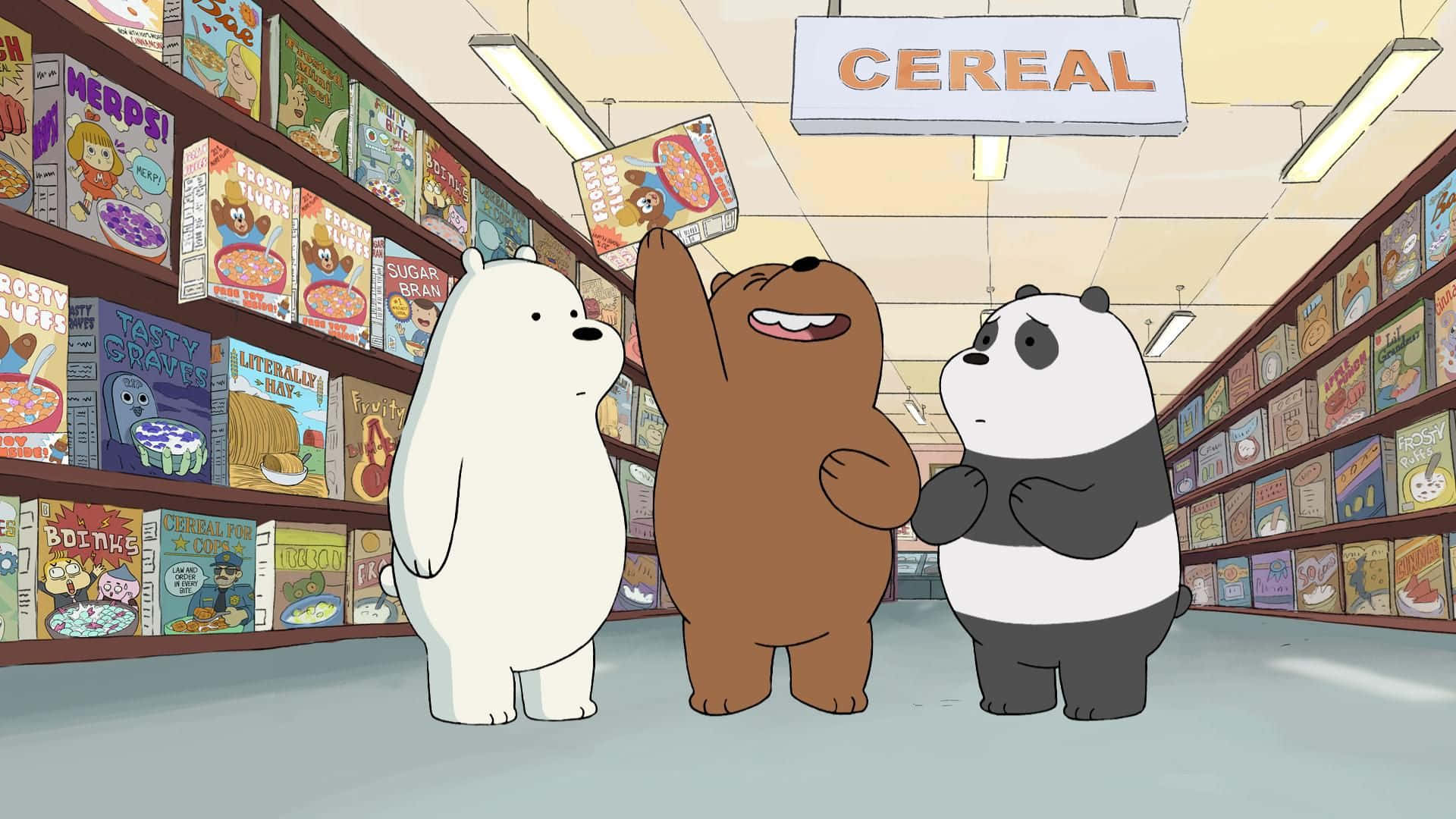 We Bare Bears 桌布 壁紙 — 三隻卡通熊在明亮的雜貨店通道中，在「CEREAL」標誌下瀏覽色彩繽紛的穀物盒。
