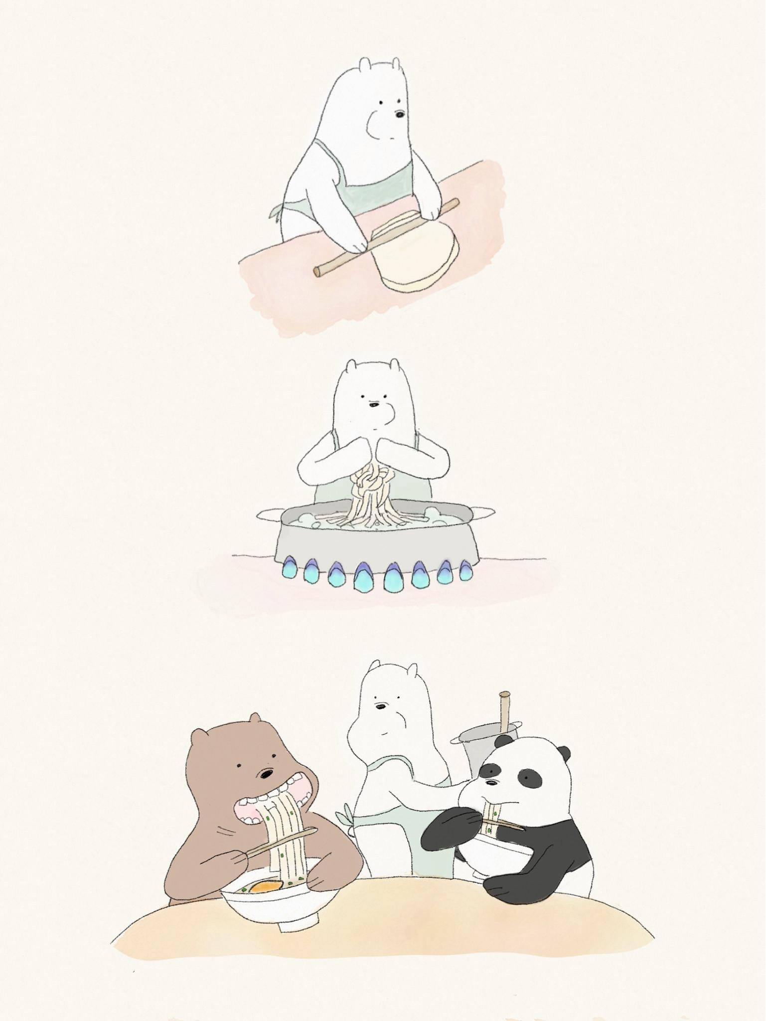 We Bare Bears 桌布 壁紙 — 三隻卡通熊在溫暖的插圖場景中用柔和的粉彩色烹調和吃麵條。