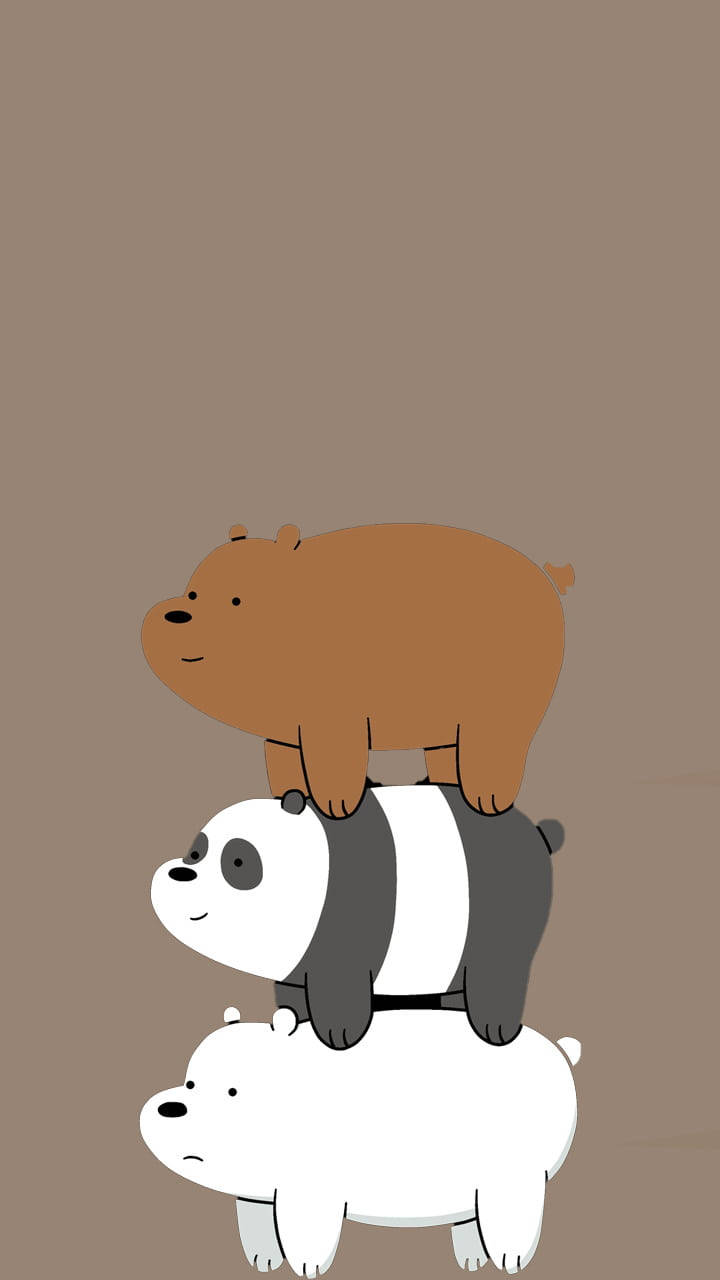 We Bare Bears 桌布 壁紙 — 三隻卡通熊在純棕色背景上垂直堆疊，採用簡單的平面設計。