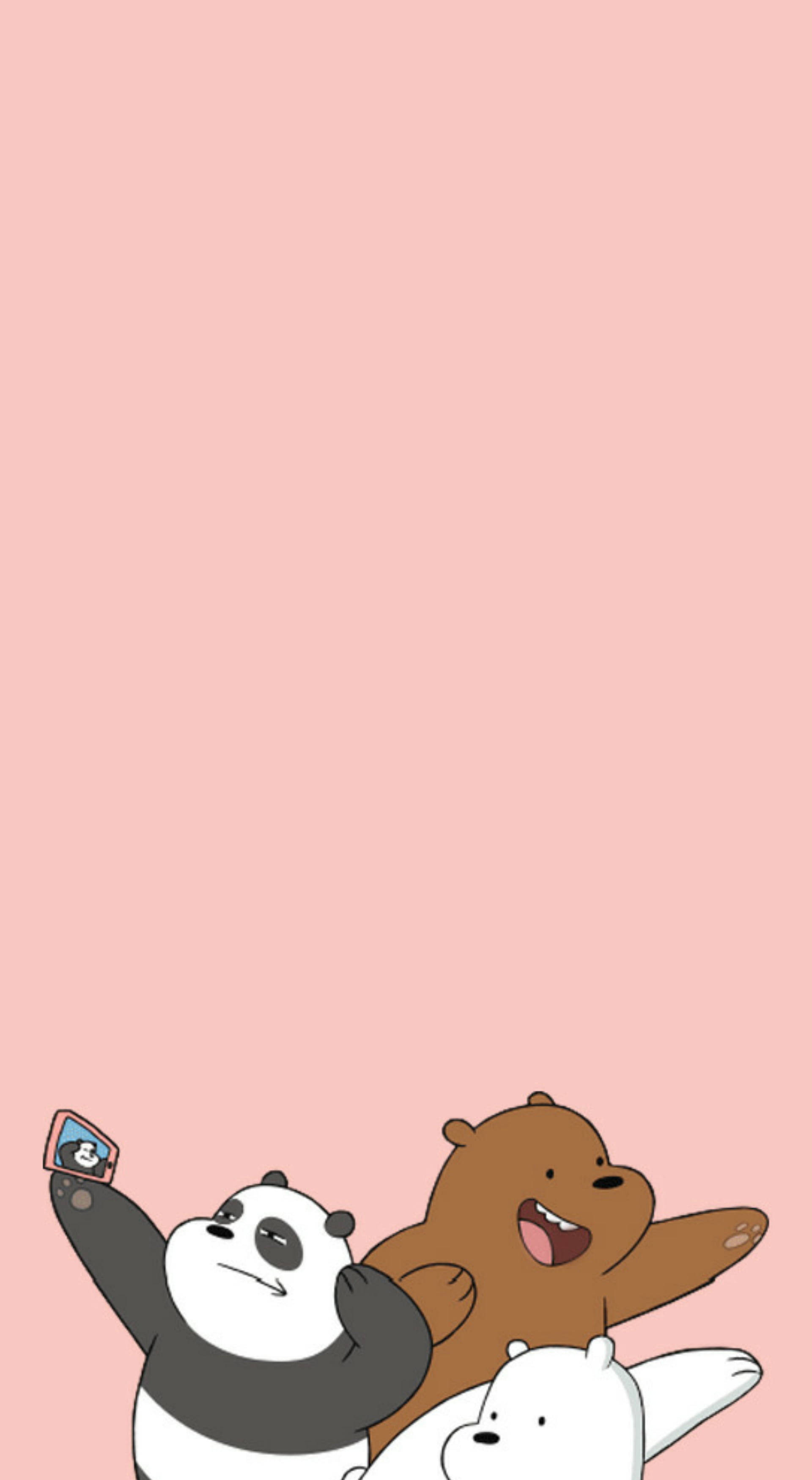 We Bare Bears 桌布 壁紙 — 三隻卡通熊在純粉紅色背景上愉快地擺姿勢，其中一隻拿著電話。