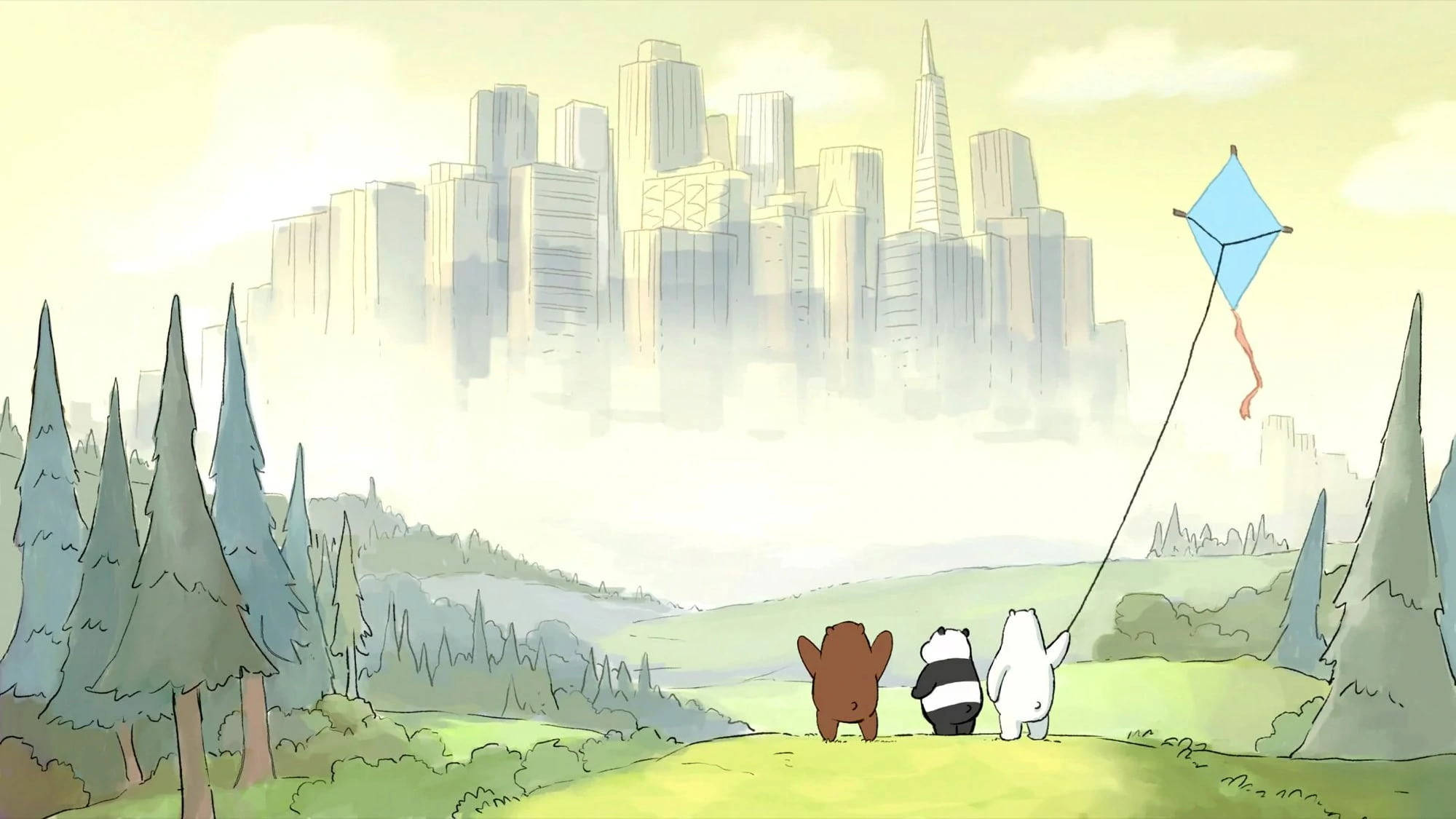 We Bare Bears 桌布 壁紙 — 三隻卡通熊在長滿草的山丘上放藍色風箏，遠處有朦朧的城市天際線。