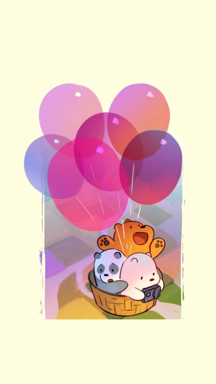 We Bare Bears 桌布 壁紙 — 三隻卡通熊坐在一個籃子裡，被色彩繽紛的漸變氣球升起，背景是柔和的粉彩。
