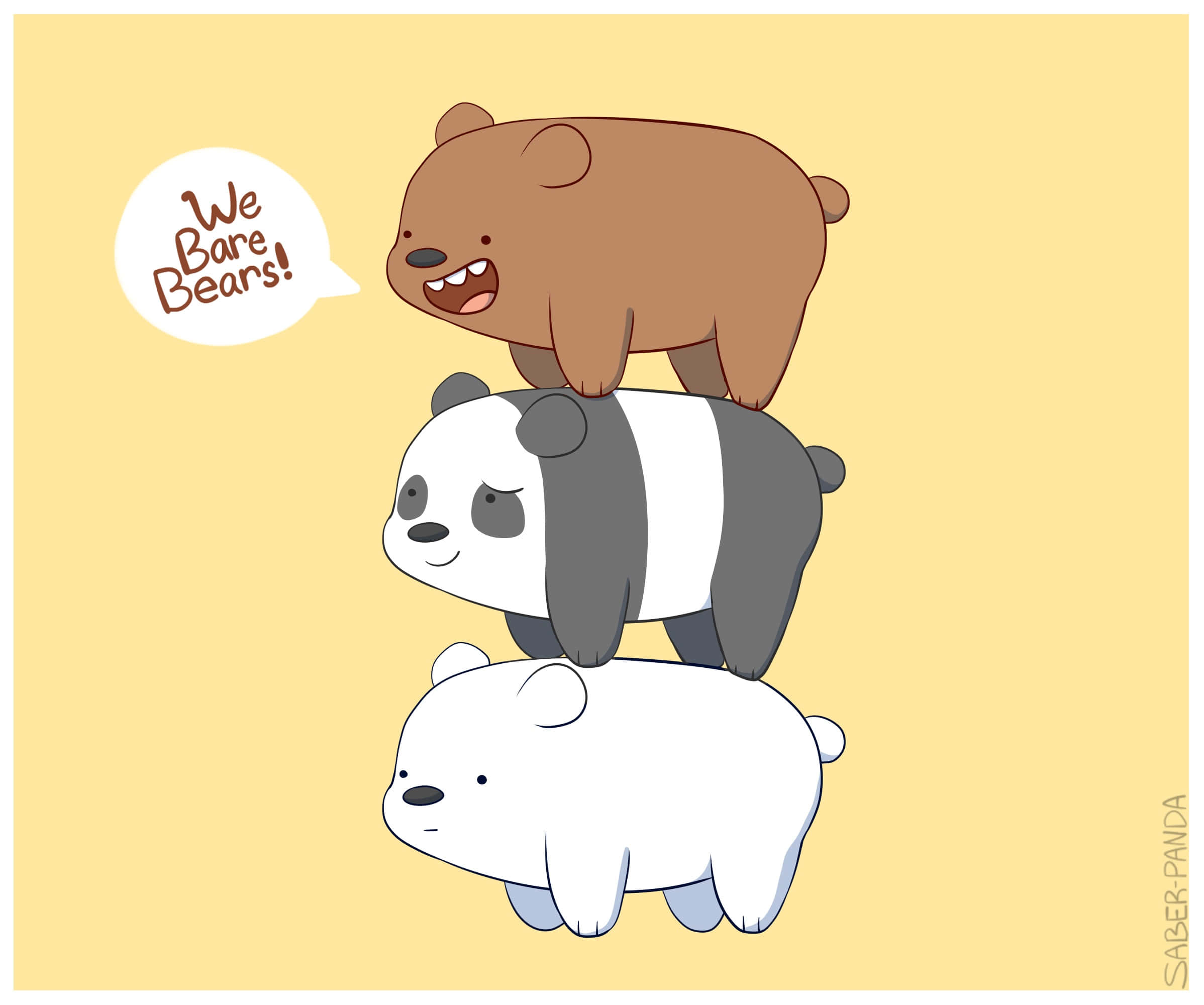 We Bare Bears 桌布 壁紙 — 三隻卡通熊垂直疊起，頂部的棕色熊對著純黃色背景大喊「We Bare Bears!」。