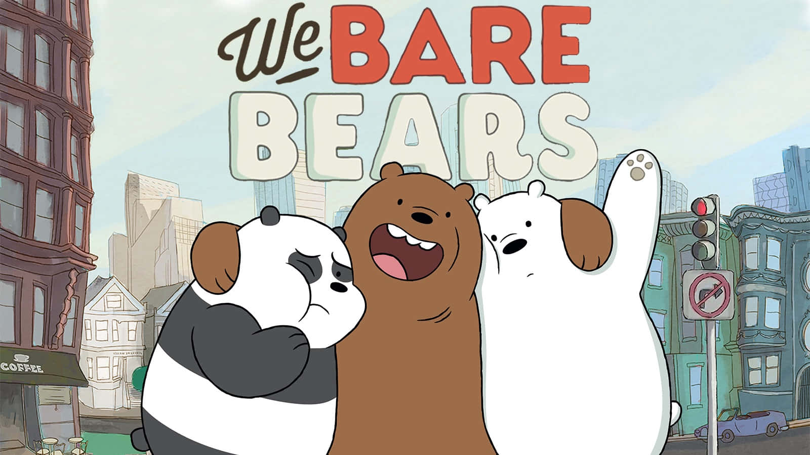We Bare Bears 桌布 壁紙 — 三隻卡通熊愉快地站在城市街道上，身後有建築物和交通燈。