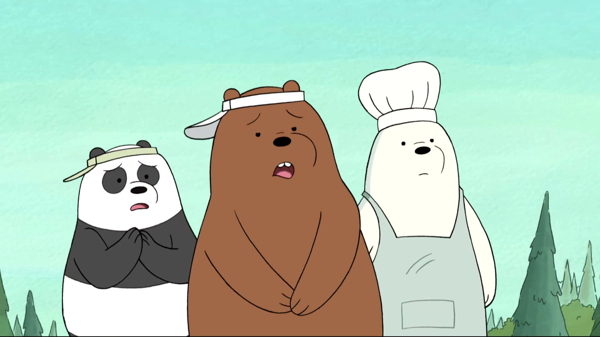 We Bare Bears 桌布 壁紙 — 三隻卡通熊穿著廚師服，帶著憂慮的表情一起站在森林裡。