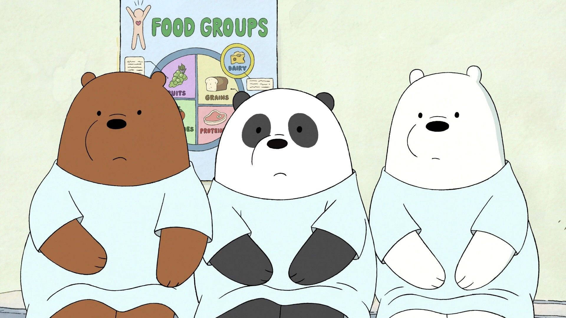 We Bare Bears 桌布 壁紙 — 三隻卡通熊穿著淺藍色睡衣並排坐著，在食物組別海報前顯得無聊。