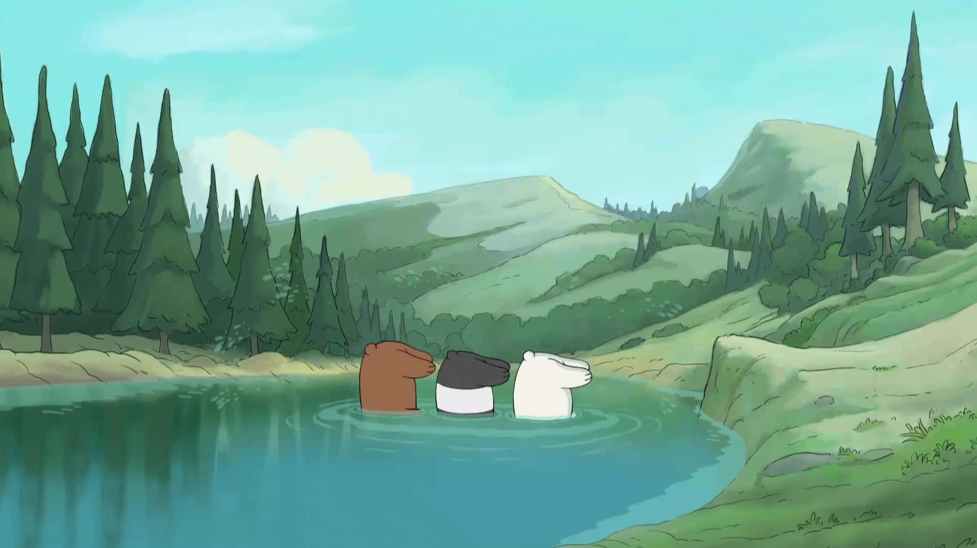We Bare Bears 桌布 壁紙 — 三隻卡通熊站在平靜的藍色湖中，周圍是綠色的森林和起伏的山丘，上方是淺藍色的天空。
