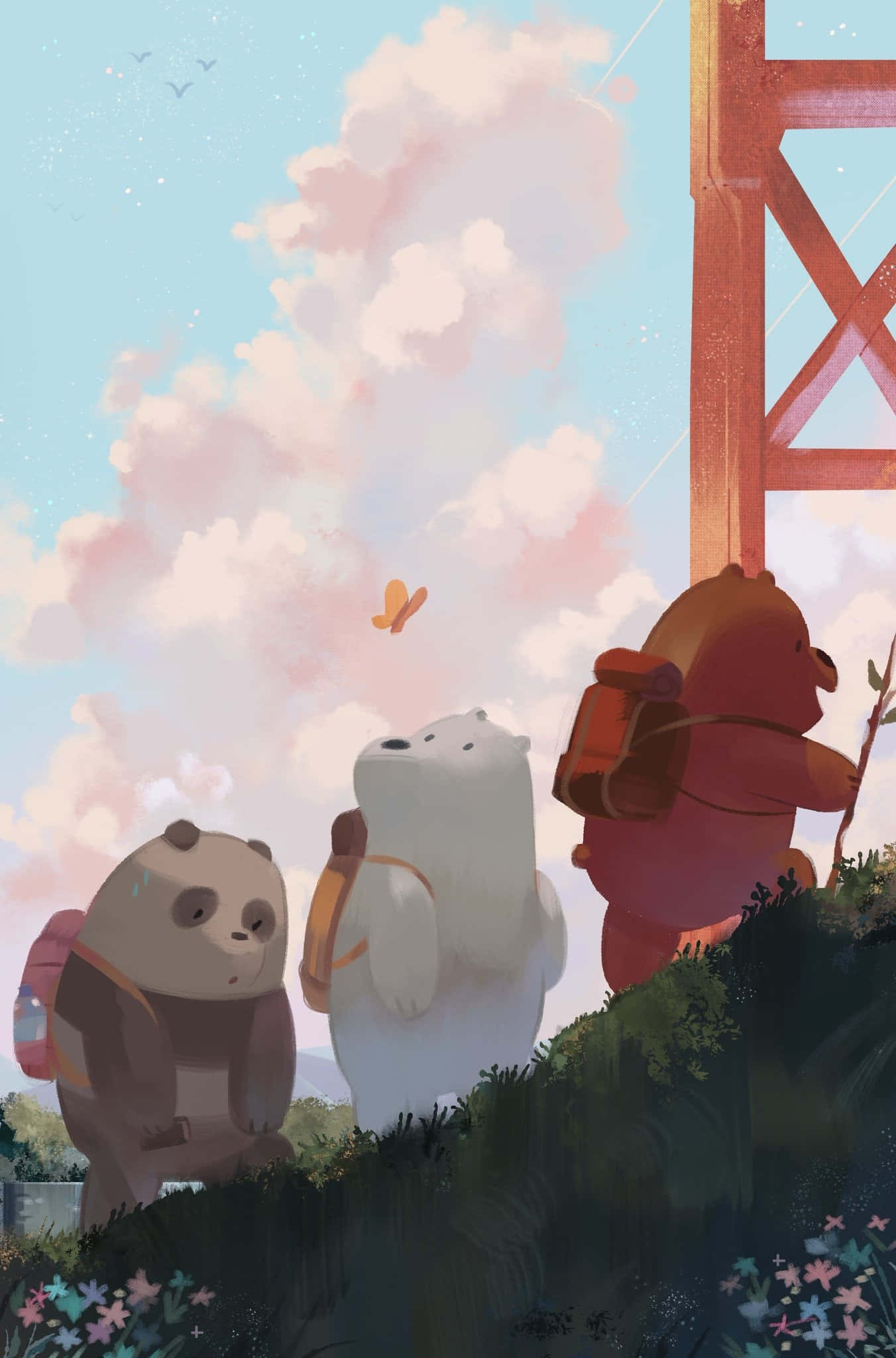 We Bare Bears 桌布 壁紙 — 三隻卡通熊背著背包站在長滿草的山丘上，粉紅色的雲朵下，靠近一座紅色的橋塔，有蝴蝶飛過。