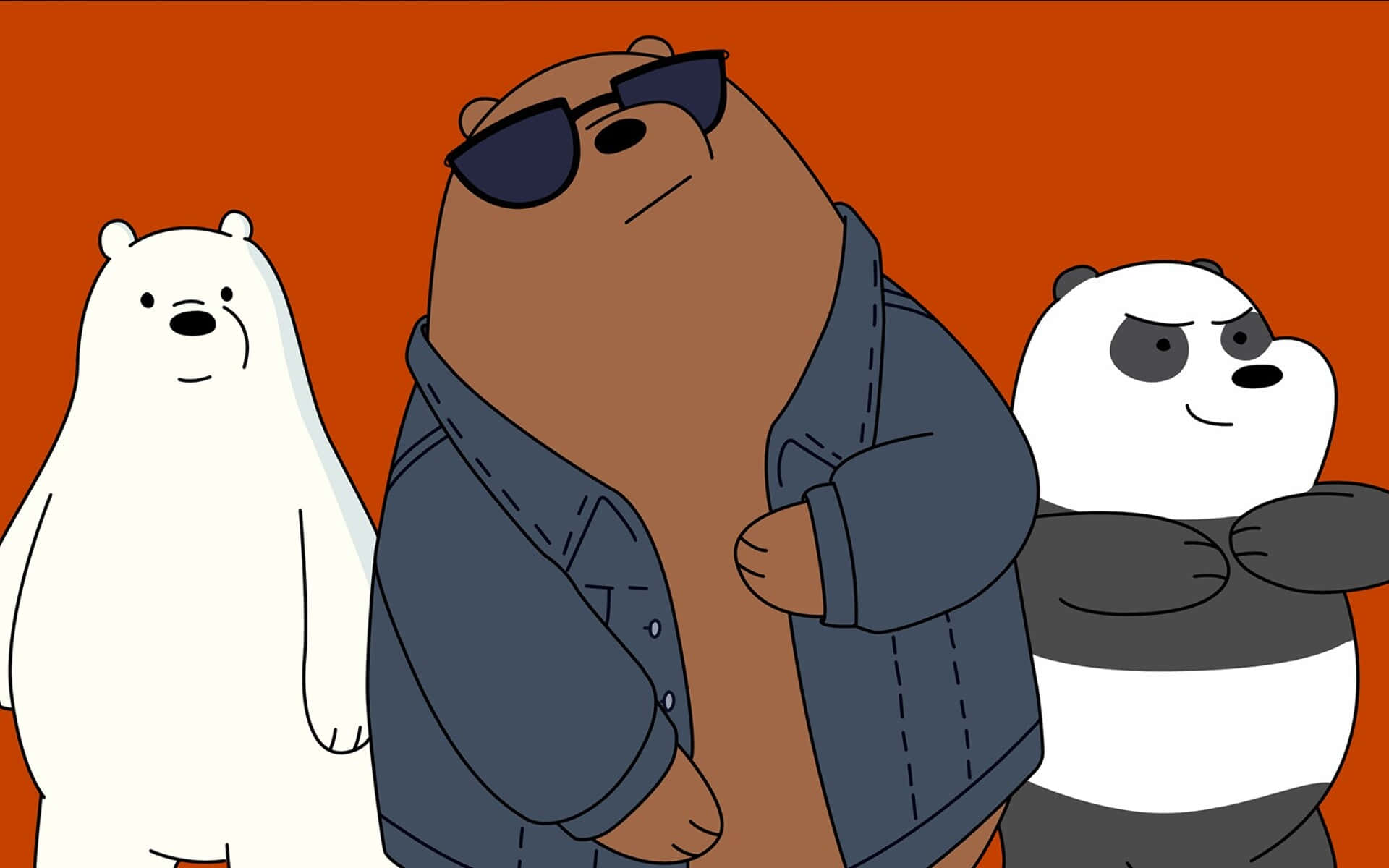 We Bare Bears 桌布 壁紙 — 三隻卡通熊自信地站在純橙色背景前，其中一隻戴著太陽眼鏡和牛仔外套。