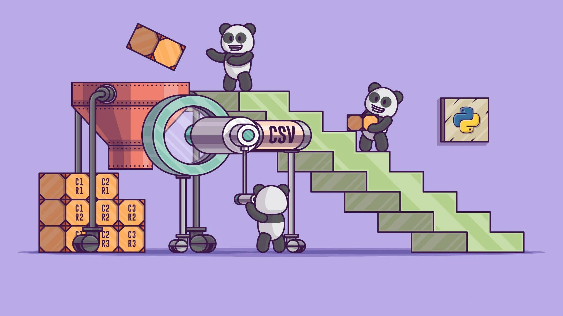 卡通 桌布 壁紙 — 三隻卡通熊貓在附近有Python標誌的情況下操作一個奇幻工廠處理CSV數據塊。