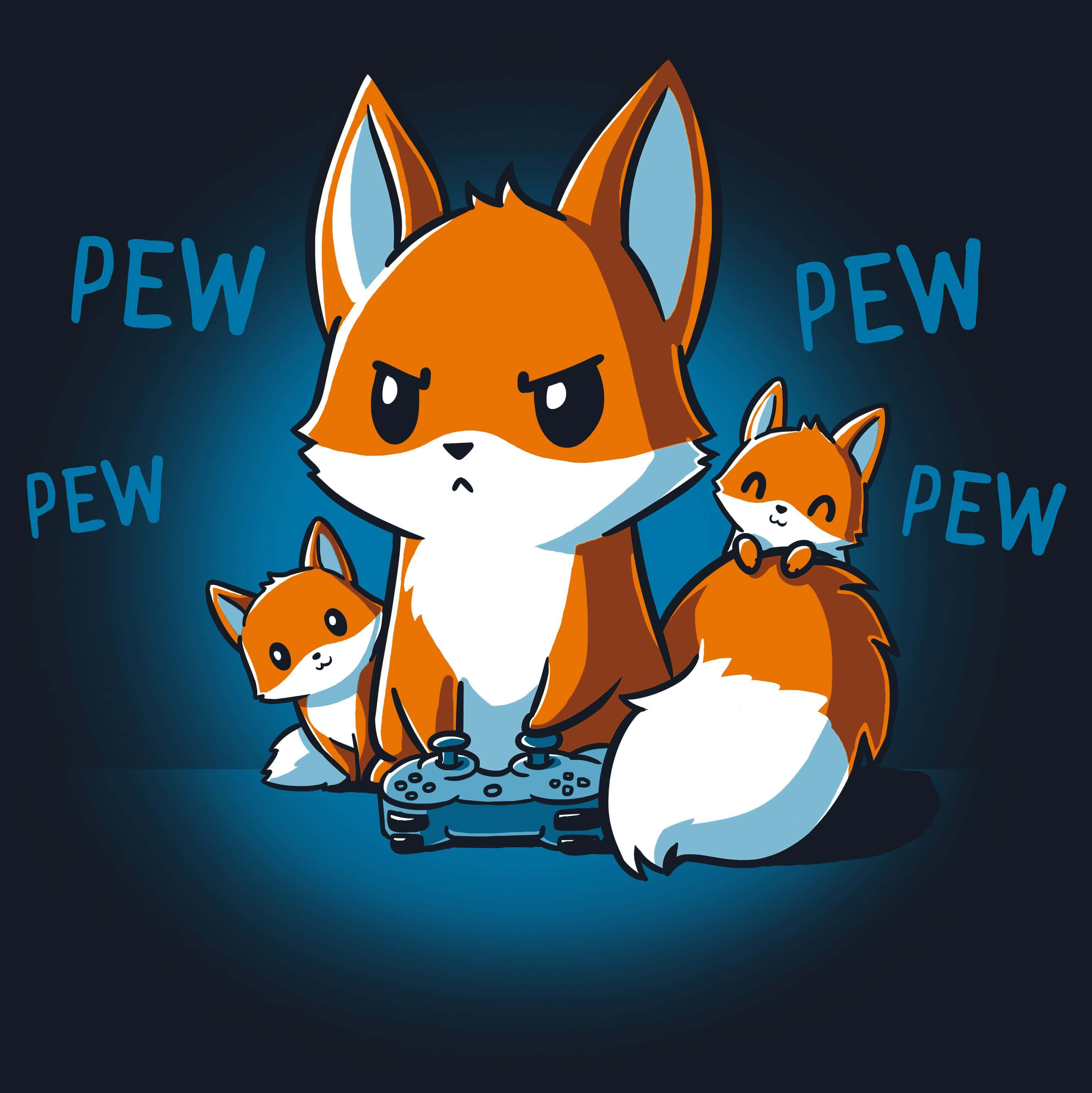 Kawaii Fox 桌布 壁紙 — 三隻卡通狐狸正用控制器激烈地玩遊戲，藍色「PEW」文字在他們周圍迸發。