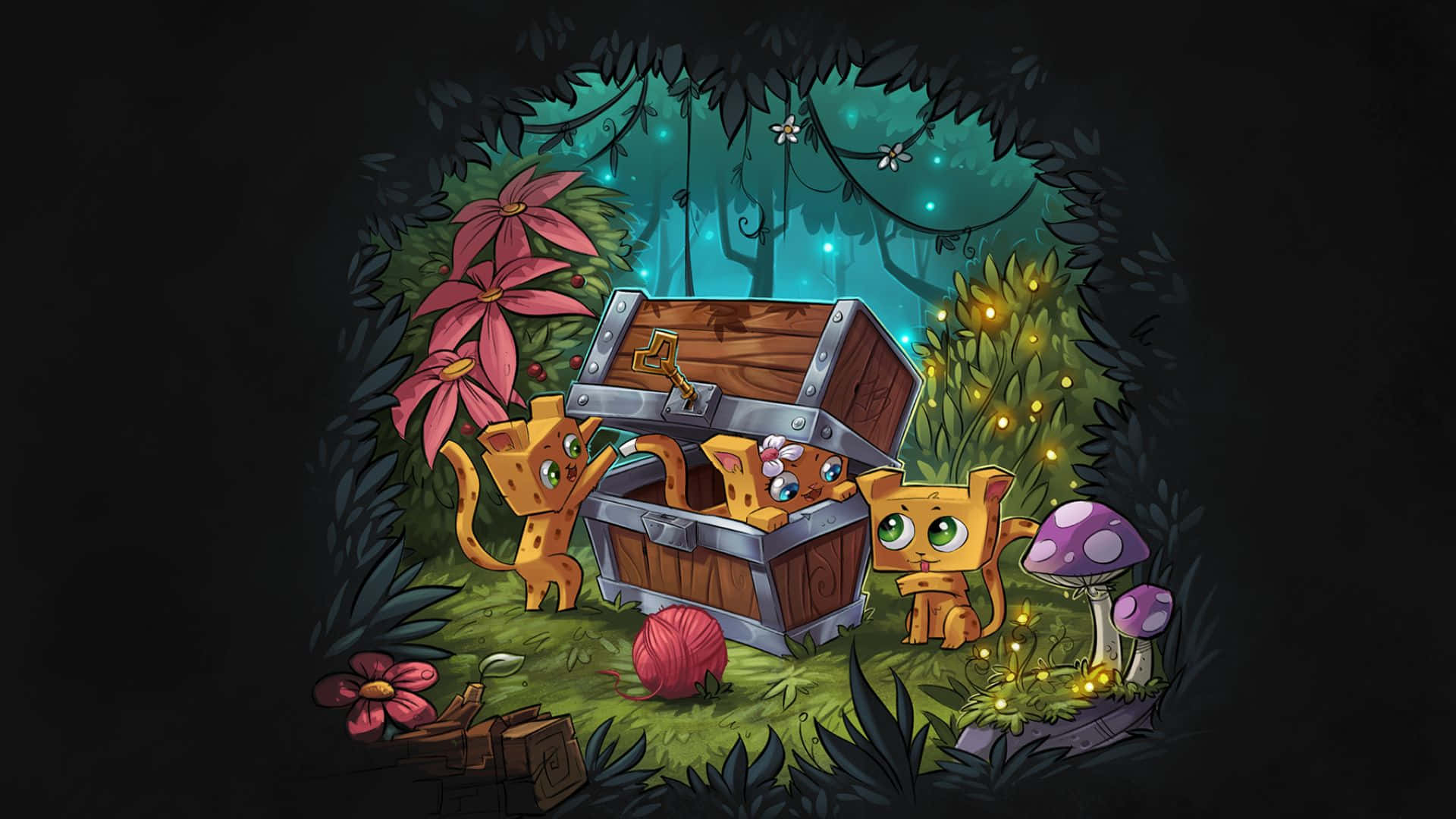 Minecraft Ocelot 桌布 壁紙 — 三隻卡通貓在一個有粉紅色花朵和發光蘑菇的魔法森林中探索一個發光的寶箱。
