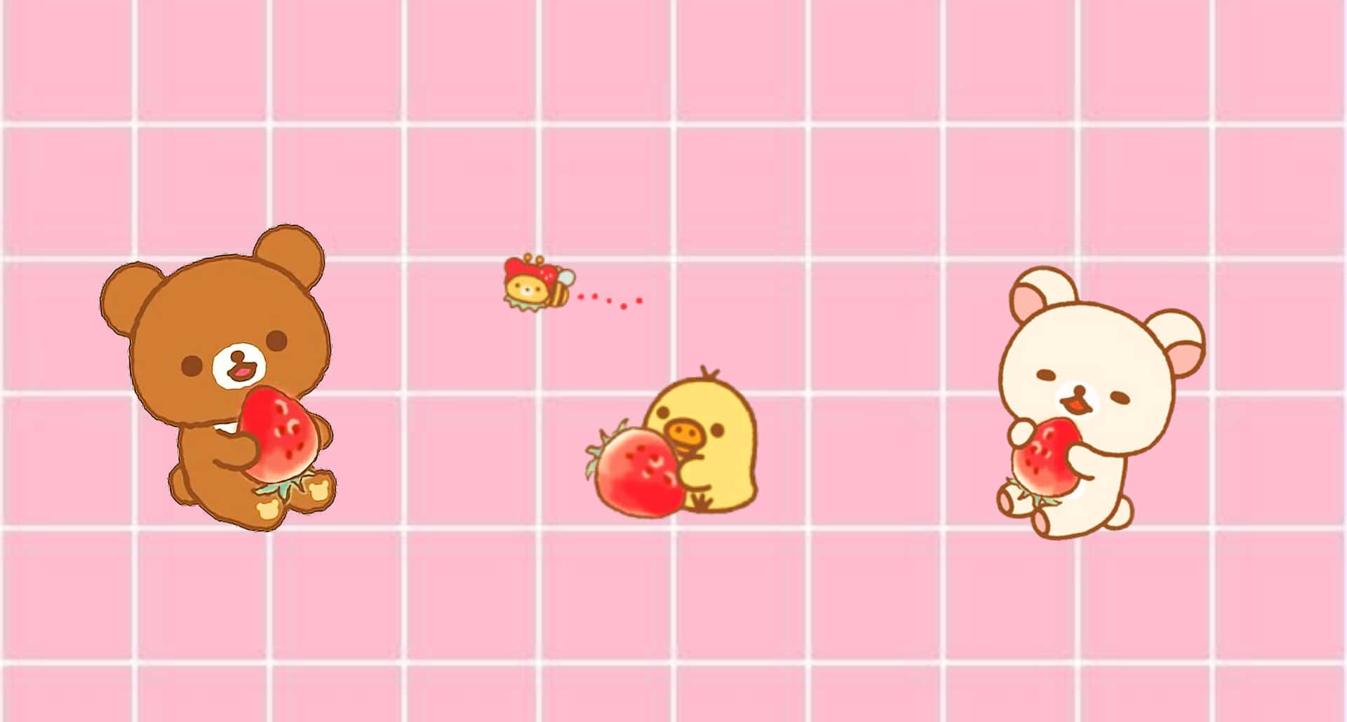 Kawaii Pink Aesthetic Desktop 桌布 壁紙 — 三隻可愛卡通動物喺粉紅色格仔背景上拎住士多啤梨，附近有隻小蜜蜂飛緊。