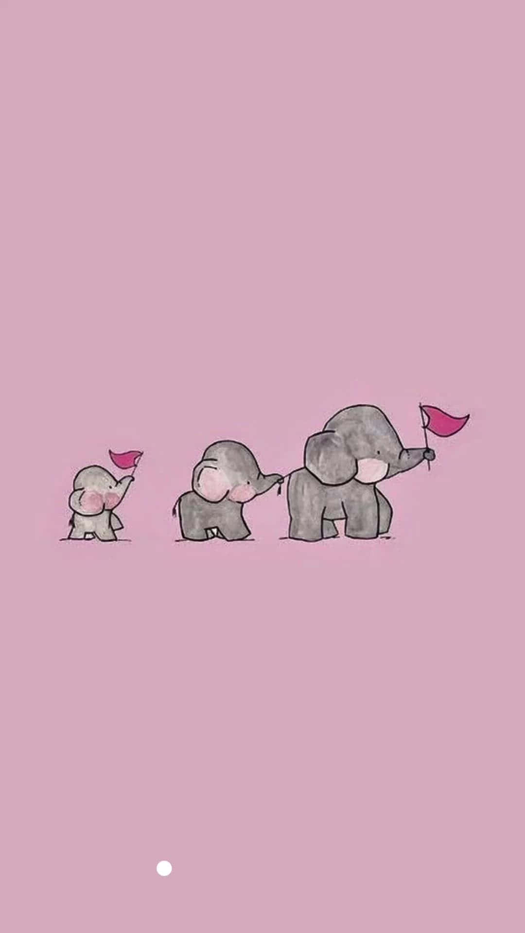 Pink Elephant 桌布 壁紙 — 三隻可愛卡通大象排成一排，在柔和的粉紅色背景前手持粉紅色旗幟。