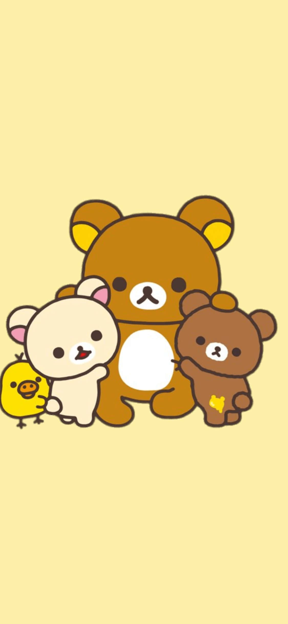 三隻熊和一隻小雞以歡快的卡通風格擁抱。 — 鬆弛熊 GIF 壁紙