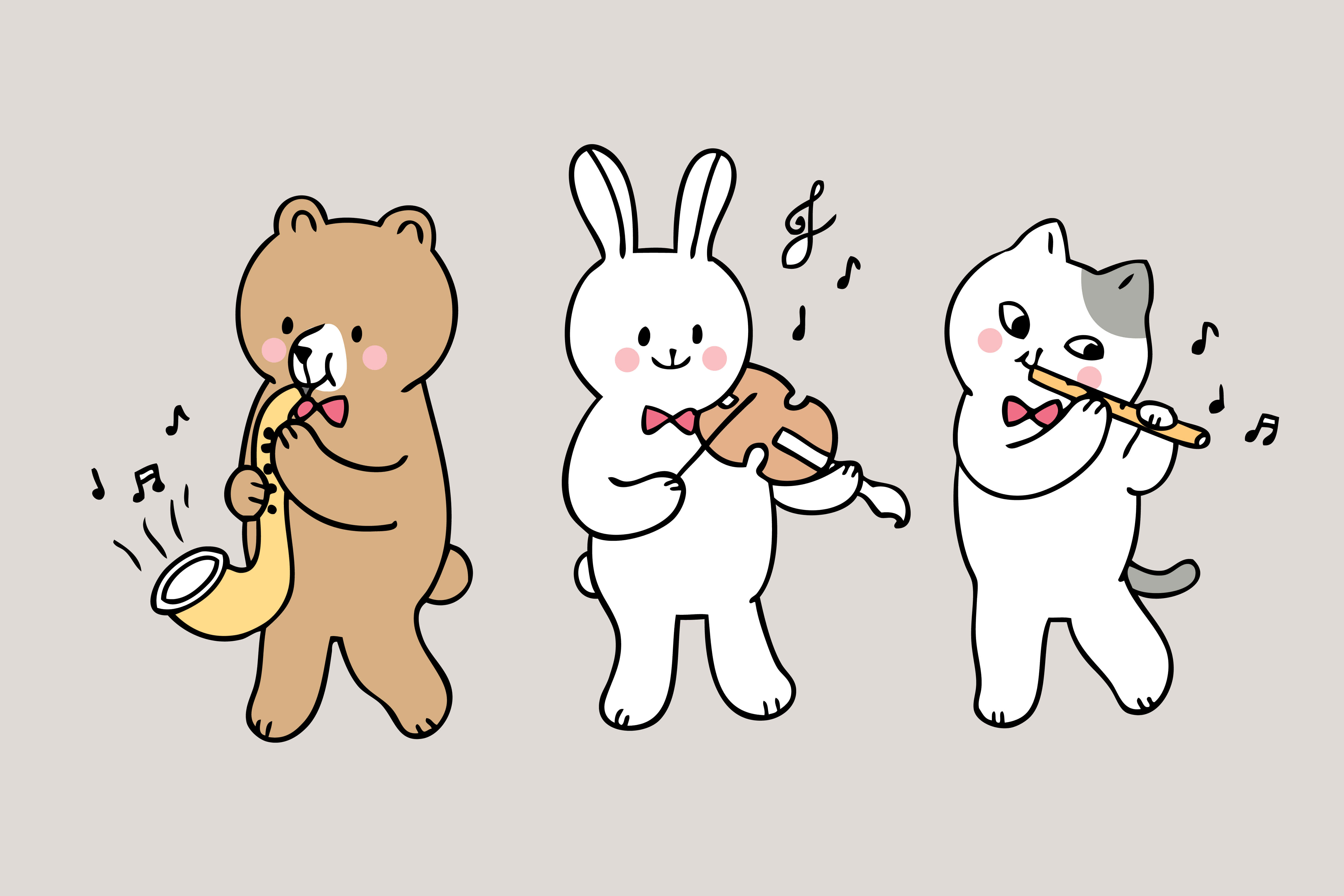 Cartoon Music 桌布 壁紙 — 三隻可愛嘅卡通動物，一隻熊、兔仔同貓，開心咁吹奏色士風、小提琴同長笛，音符喺佢哋周圍飄浮。