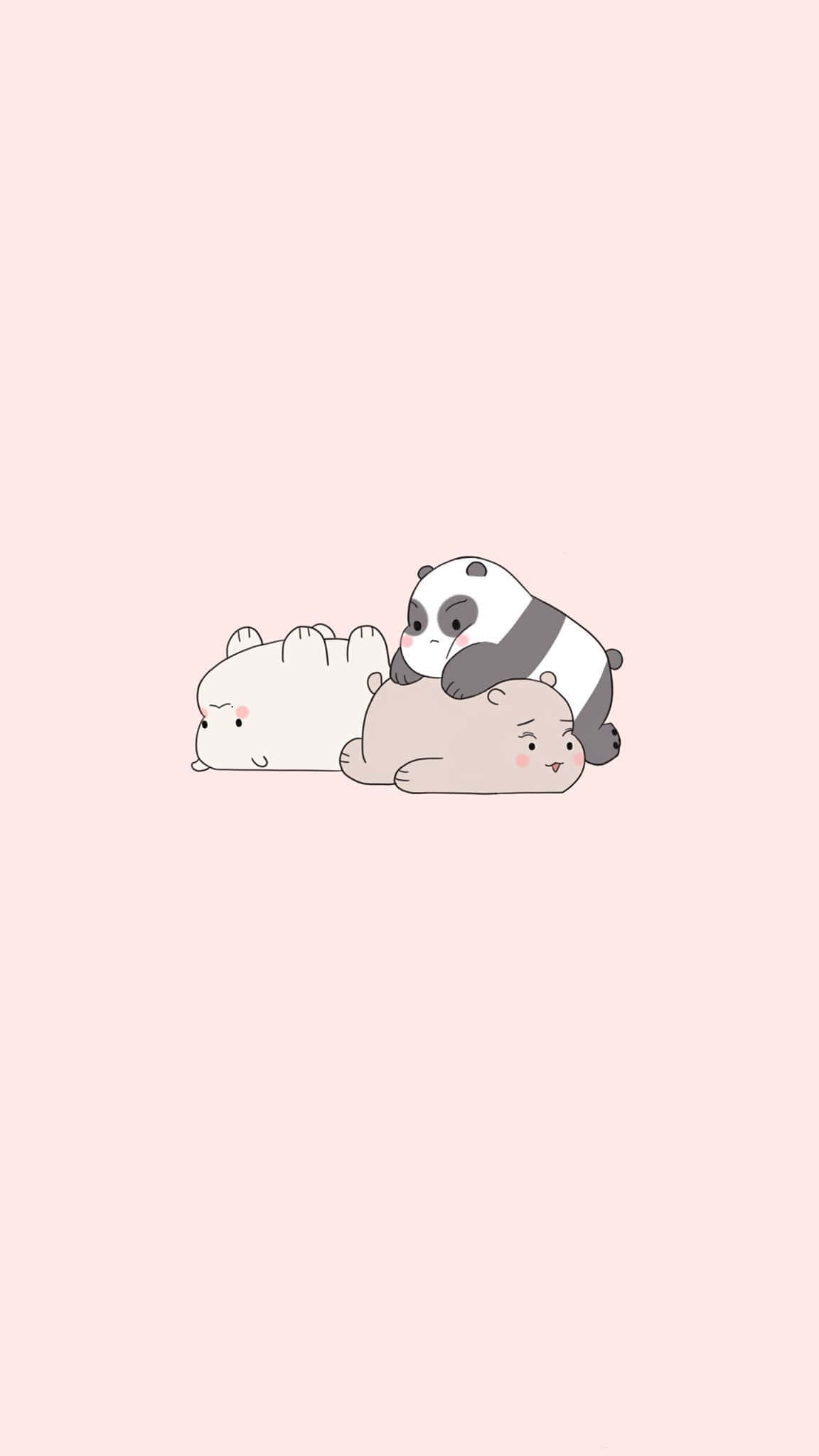 Kawaii Bear 桌布 壁紙 — 三隻可愛嘅卡通熊喺柔軟嘅粉紅色背景上攬埋一齊，構成一個舒適嘅插圖。