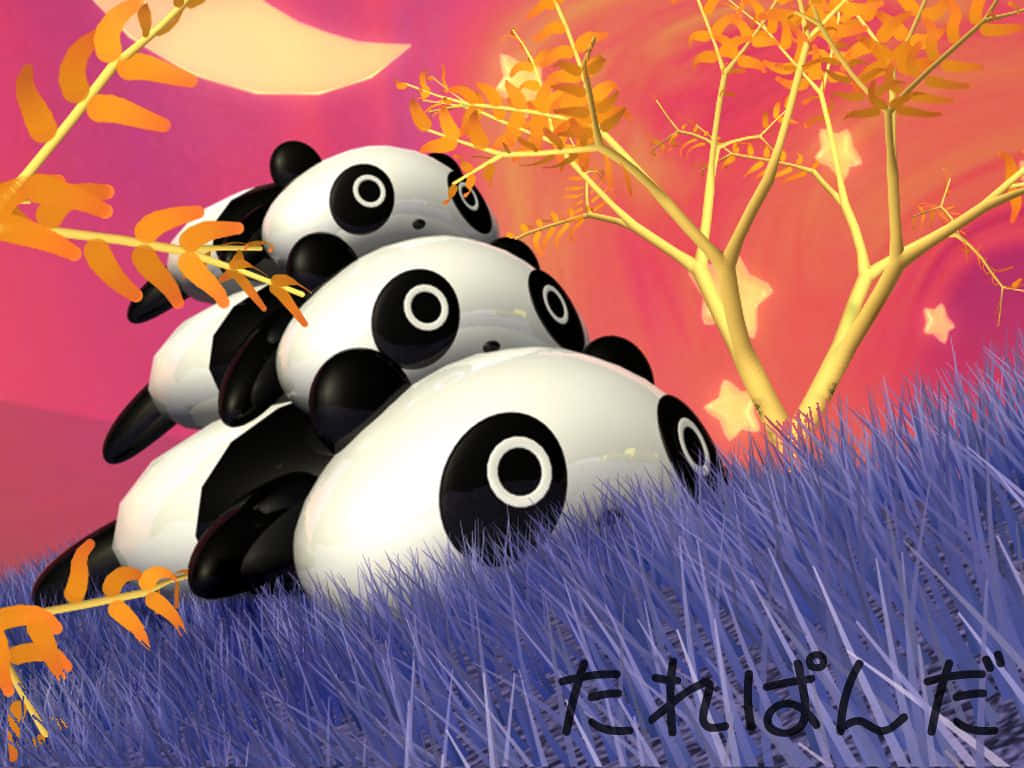 Kawaii Panda 桌布 壁紙 — 三隻可愛的卡通熊貓在粉紅色夕陽天空和橙樹下，堆疊在紫色草地上。