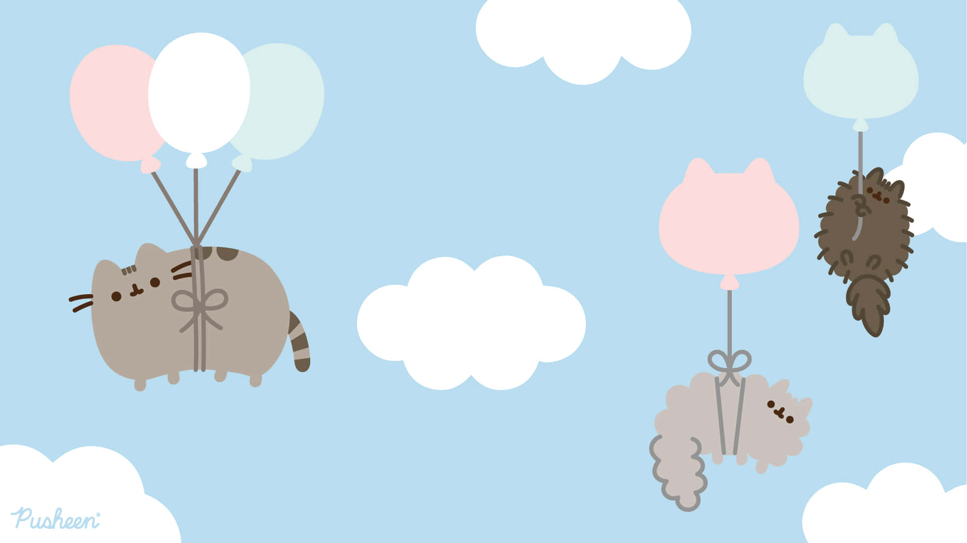 Pusheen 桌布 壁紙 — 三隻可愛的卡通貓咪在柔和的藍天中，伴隨著蓬鬆的白雲，手持粉彩氣球，平靜地漂浮著。