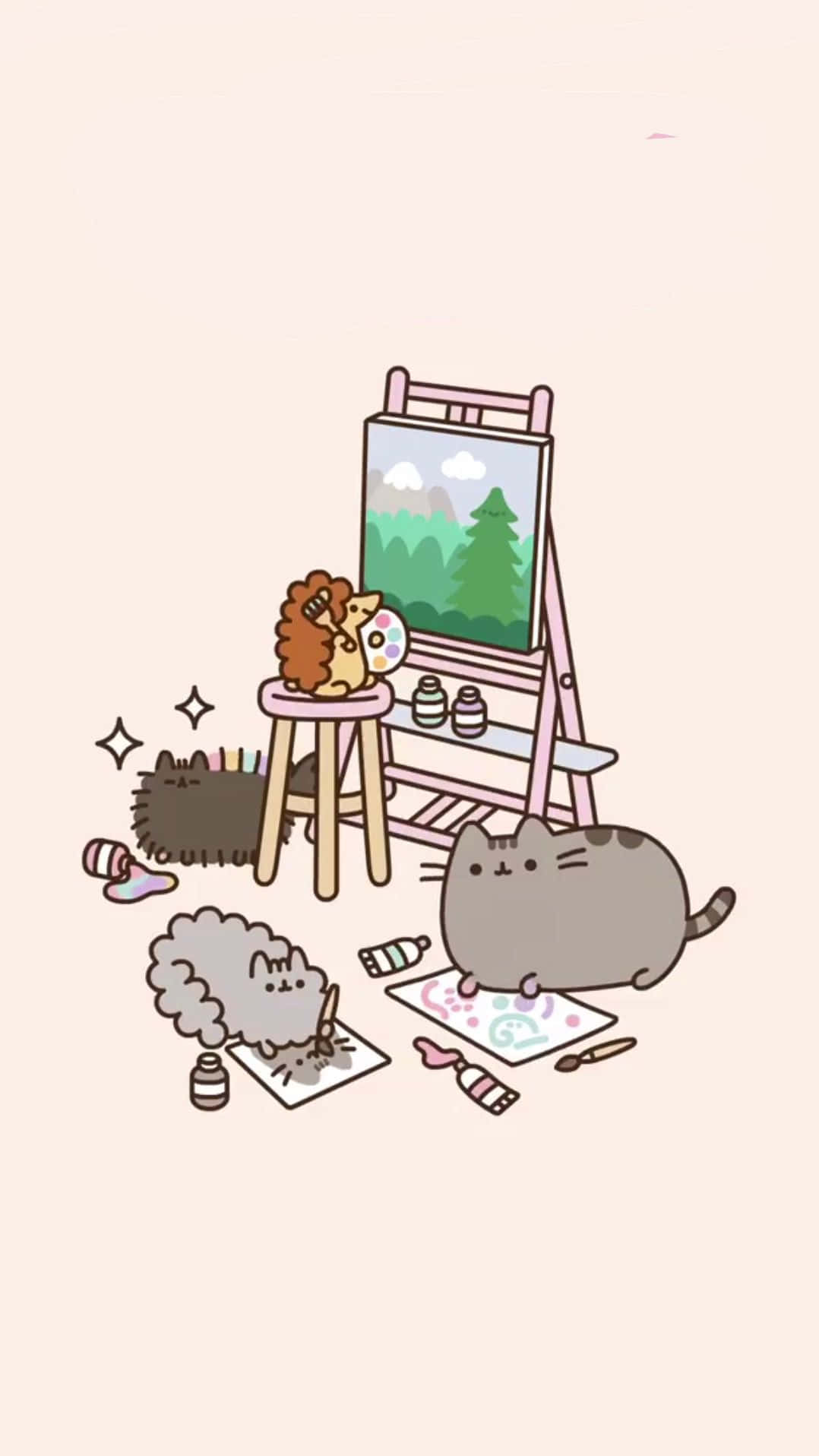 Cute Pusheen 桌布 壁紙 — 三隻可愛的插圖貓咪在畫架上繪畫散落的藝術用品，背景是森林場景。