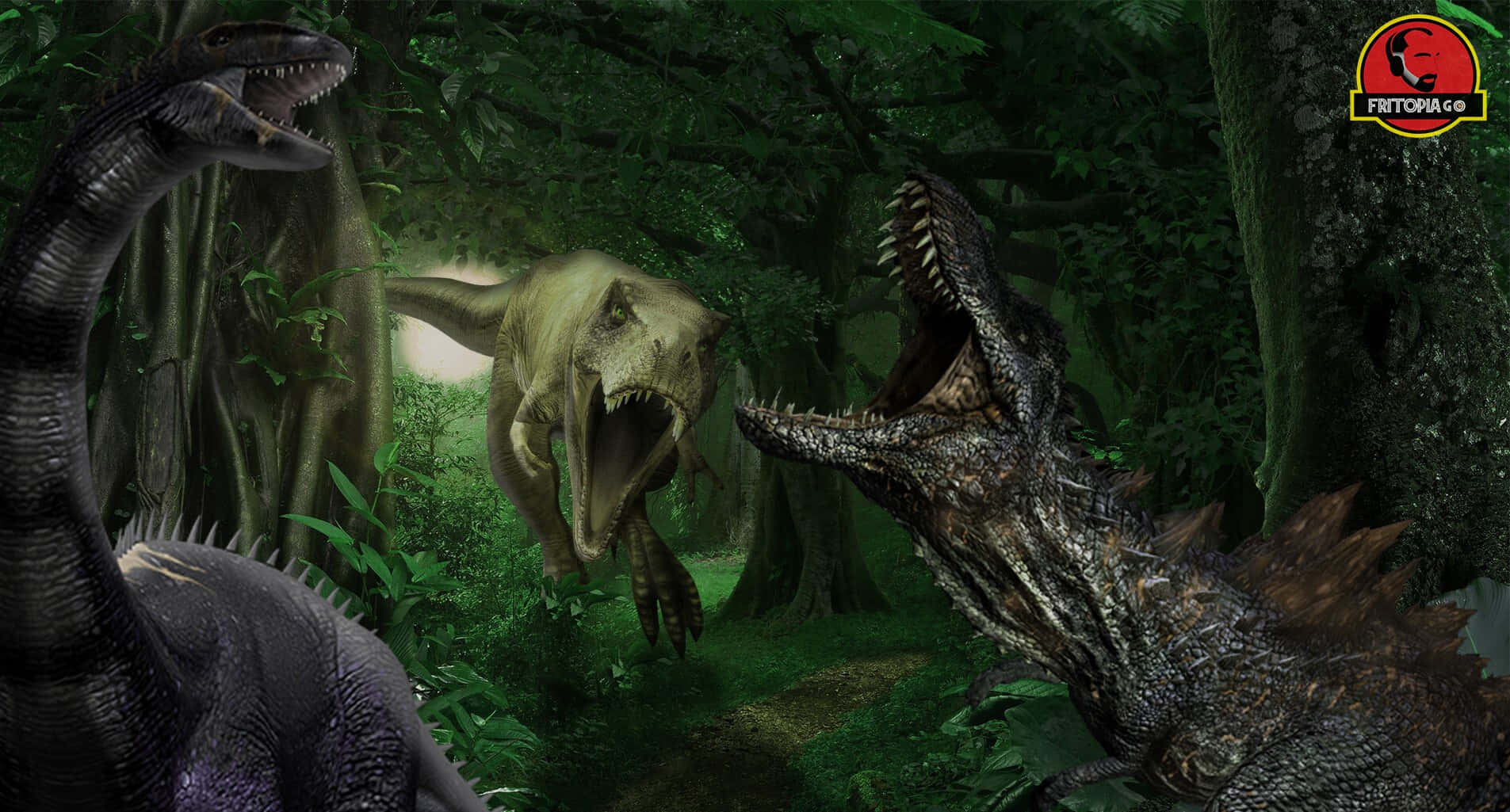 Jurassic World 桌布 壁紙 — 三隻咆哮的恐龍在茂密的綠色叢林中碰撞，周圍有高聳的樹木和斑駁的光線。