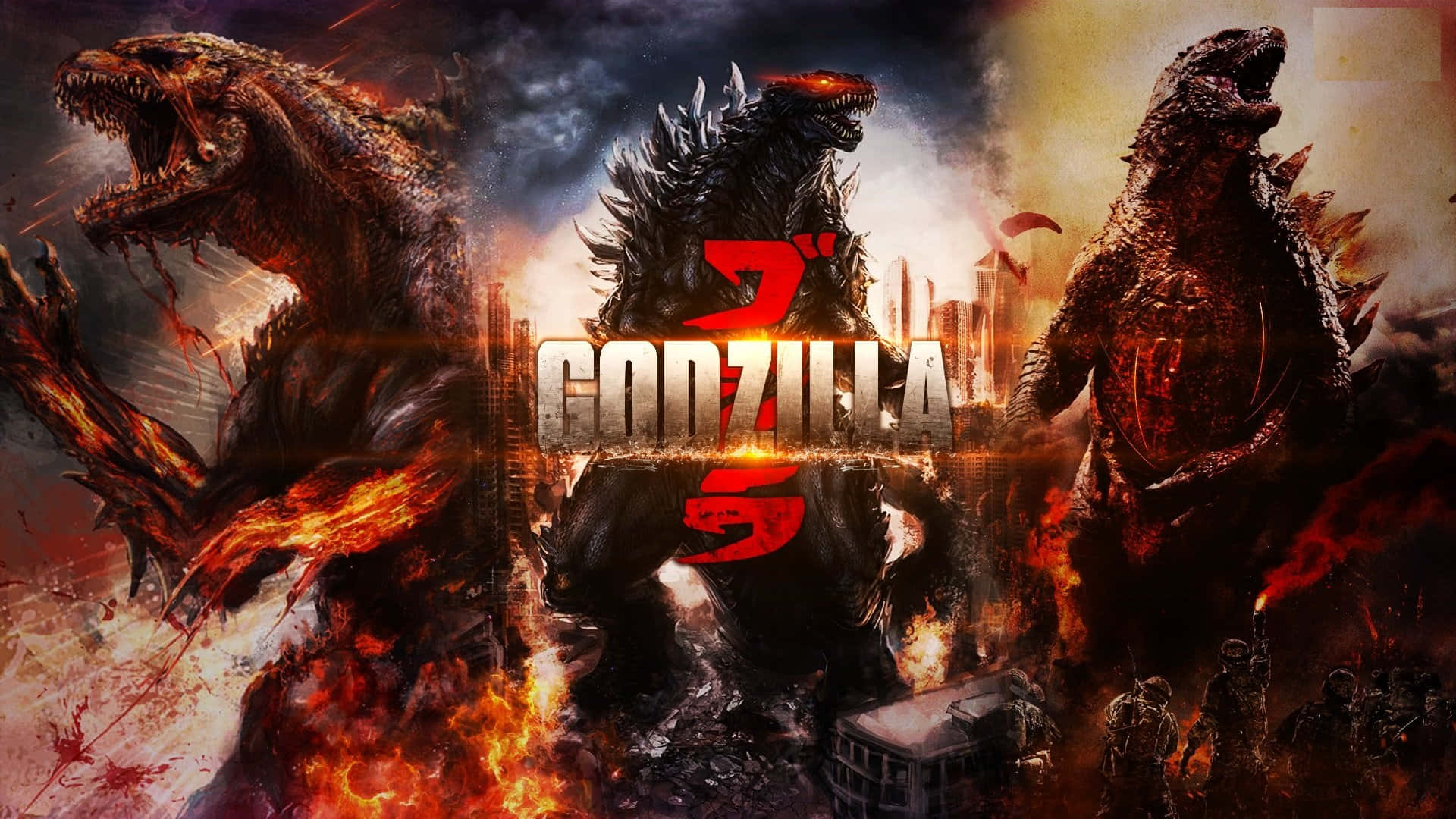 godzilla 1998 桌布 壁紙 — 三隻哥斯拉怪獸在烈火毀滅中咆哮，下方是崩塌的城市景觀和士兵。
