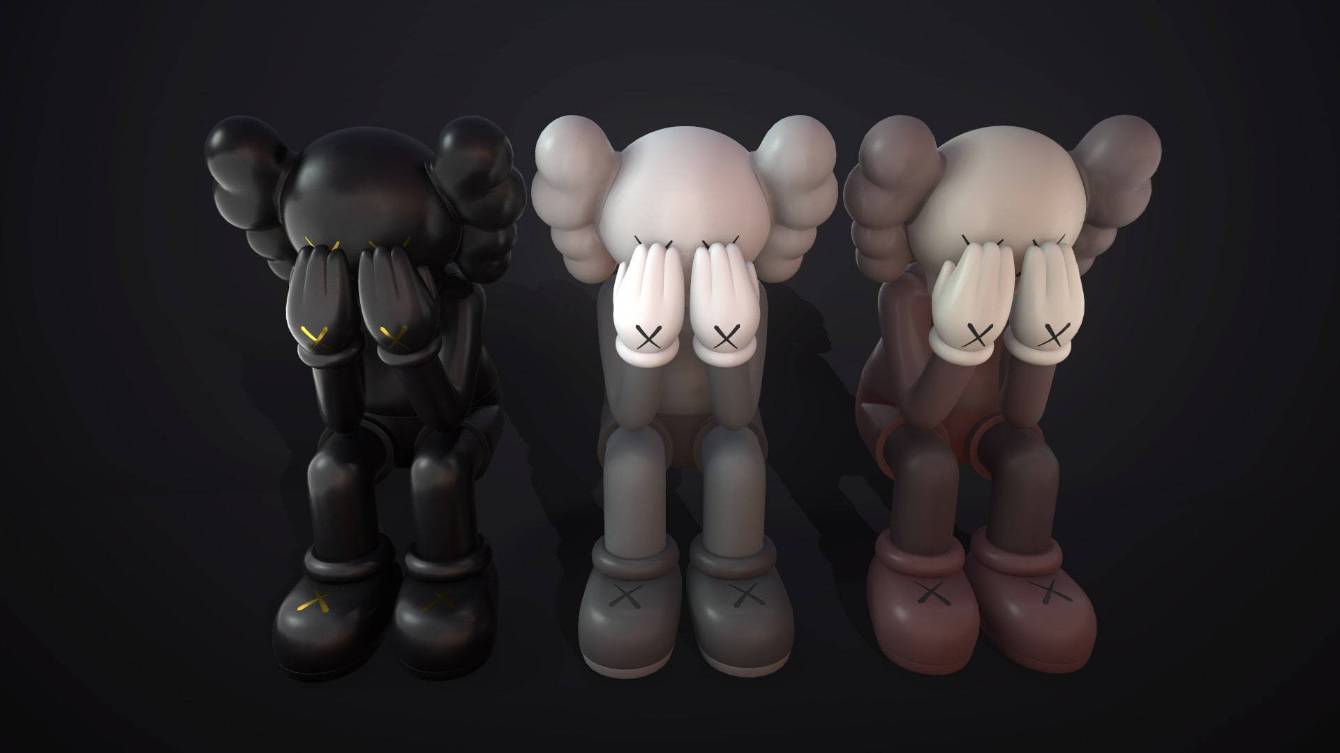 三個黑色、灰色和棕色的KAWS Companion公仔遮住眼睛。