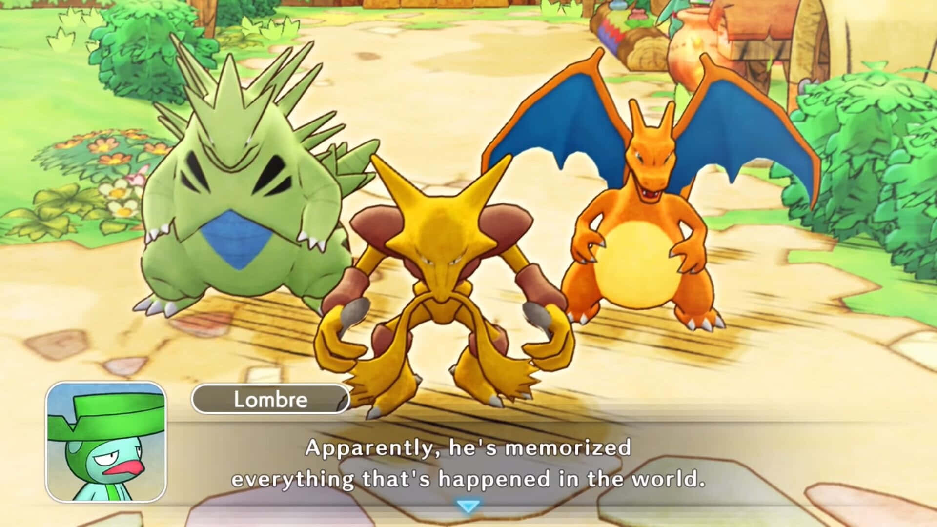 Pokemon Mystery Dungeon 桌布 壁紙 — 三隻寶可夢站在陽光照耀的草地上，並帶有對話文字疊加。