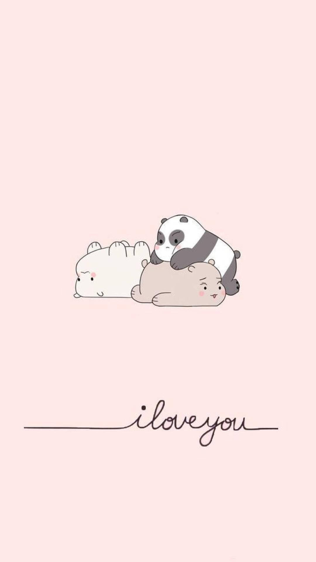 三隻卡通熊在粉紅色背景上依偎，帶有「i love you」文字。