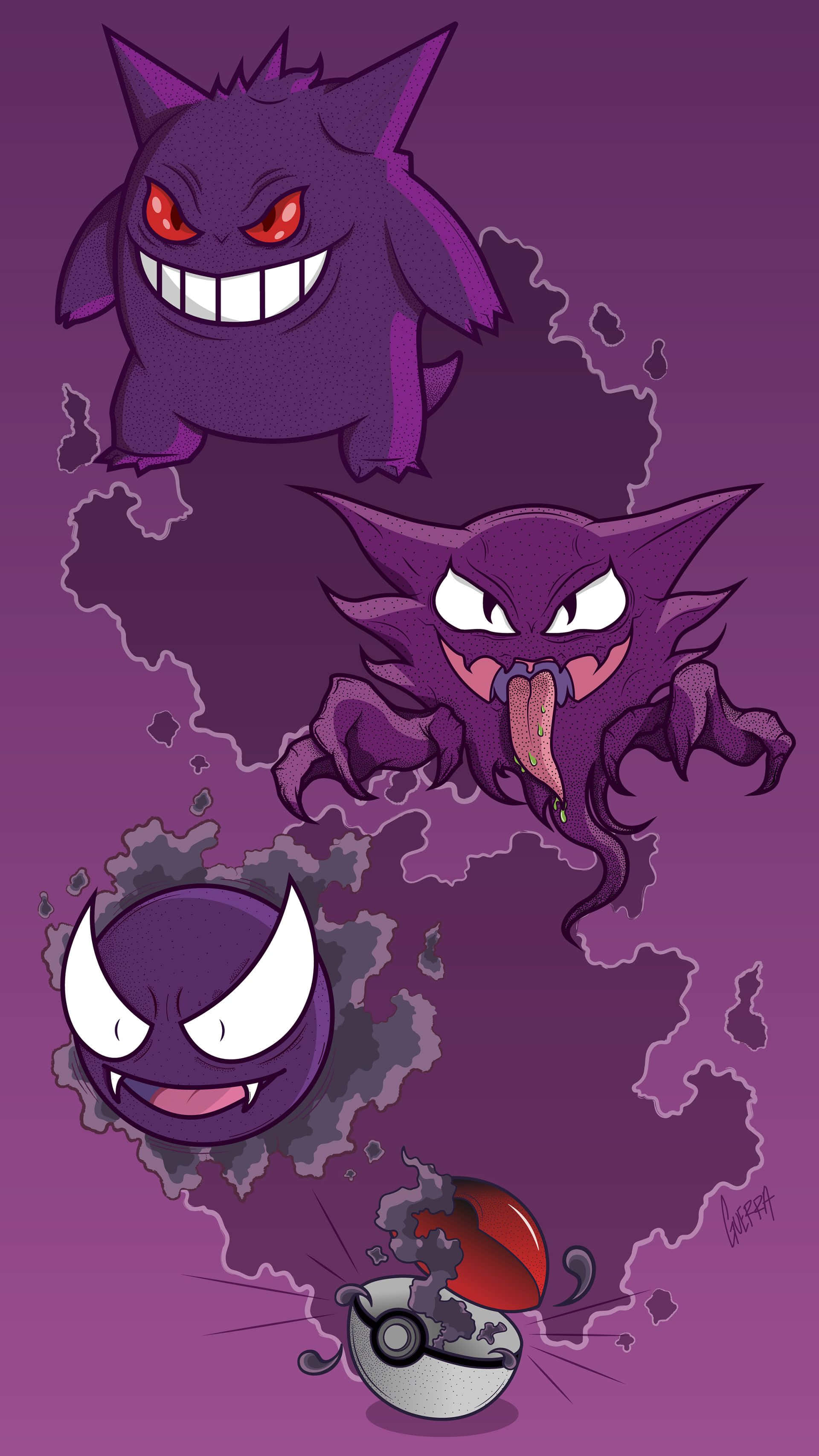 Pokemon Evolution 桌布 壁紙 — 三隻帶有威脅性的紫色寶可夢從破碎的精靈球中出現，背景為紫色漸變。