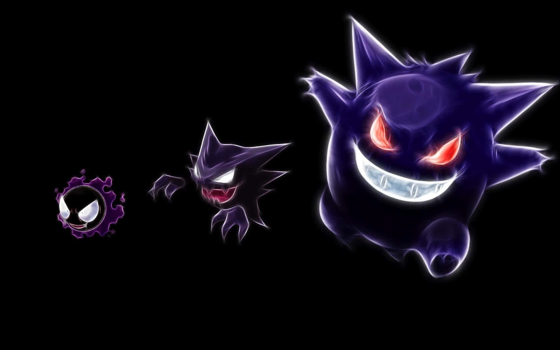 Pokemon Evolution 桌布 壁紙 — 三隻帶有威脅性的紫色幽靈寶可夢在黑色背景上以銳利輪廓發光，牠們的紅色眼睛和寬闊的笑容散發出詭異的能量。