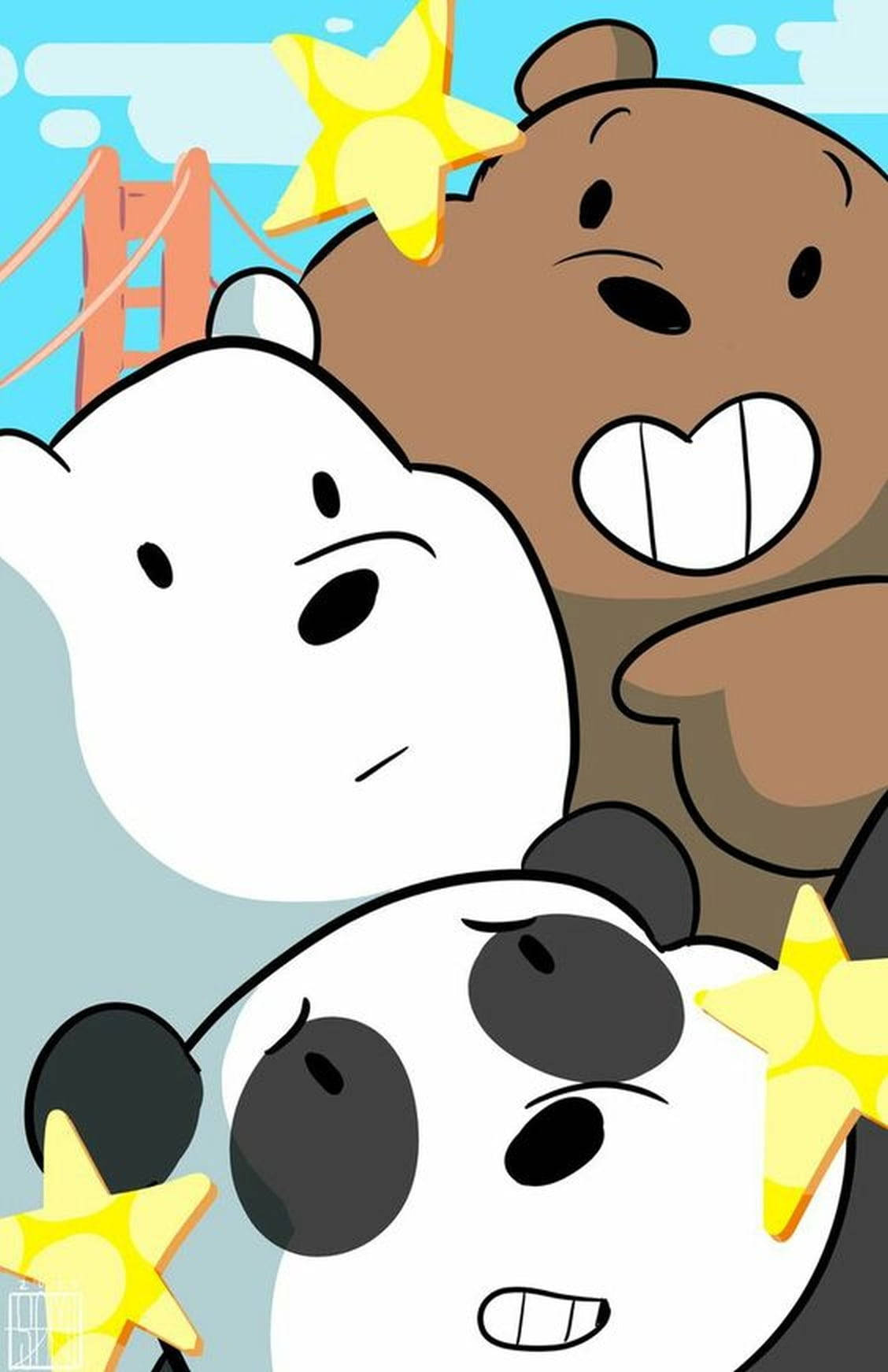 We Bare Bears 桌布 壁紙 — 三隻帶有星星裝飾的卡通熊在明亮的藍天下以金門大橋為背景愉快地擺姿勢。