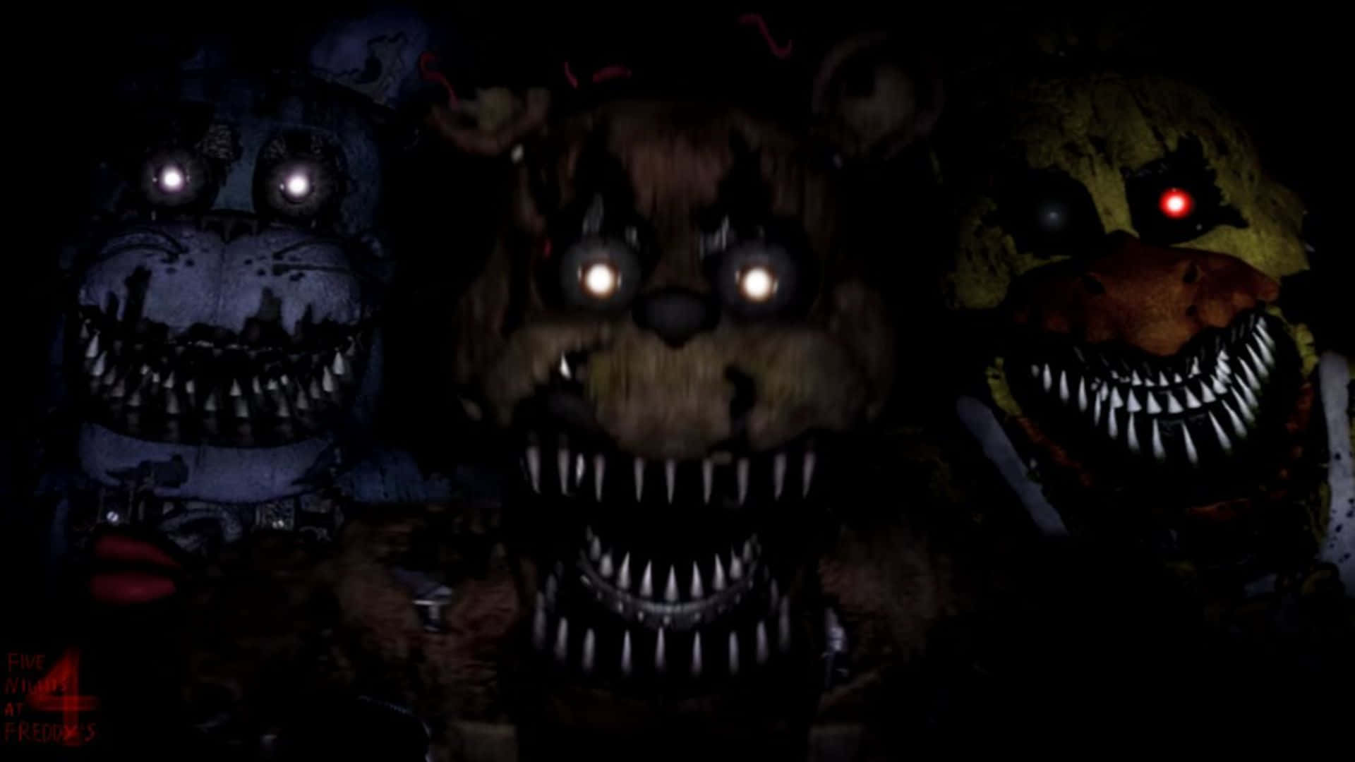 Fnaf Jumpscare 桌布 壁紙 — 三隻帶有發光眼睛和鋒利牙齒的威脅性電子熊，在黑暗詭異的環境中威脅地凝視著。
