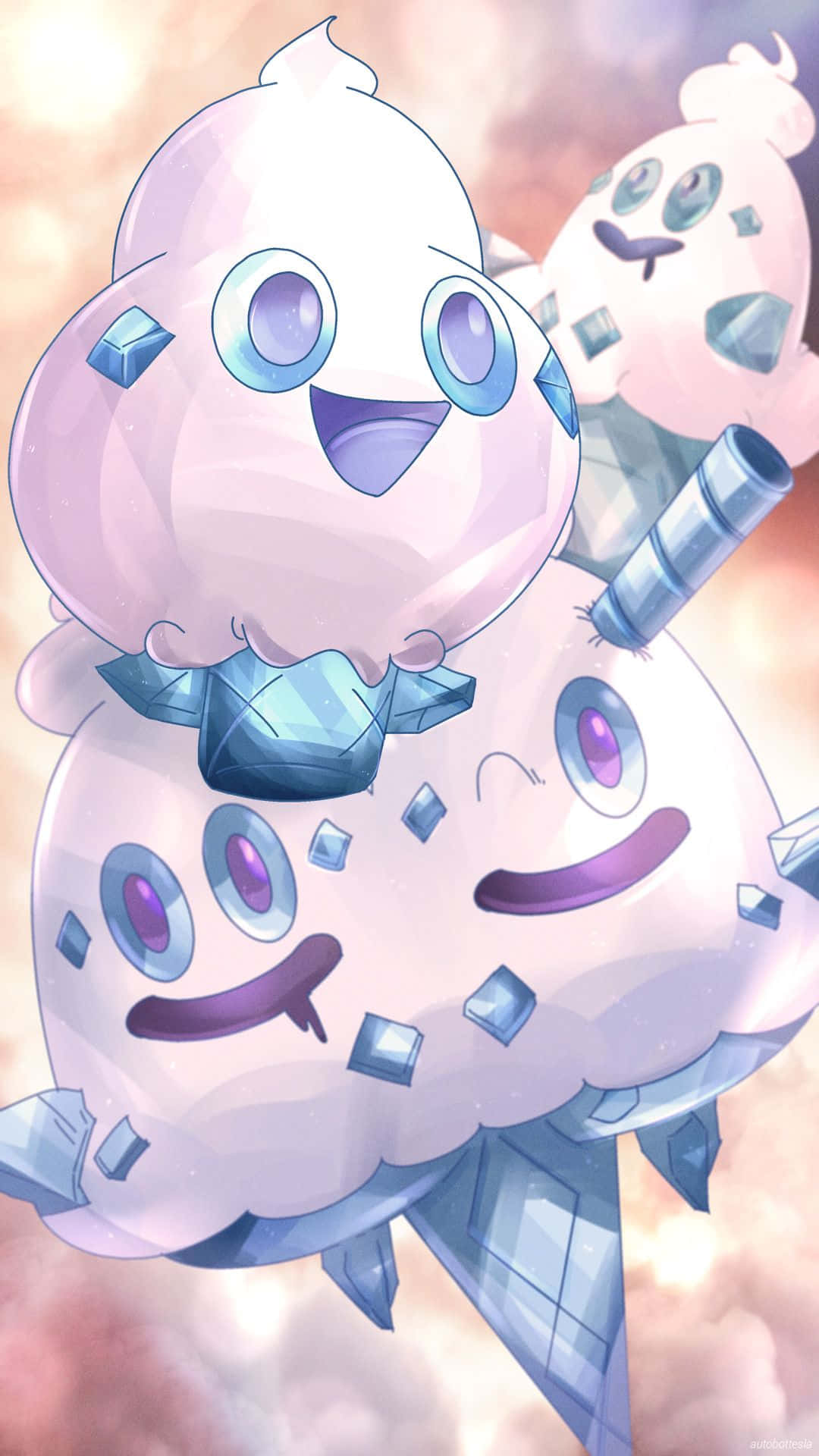 遊戲 桌布 壁紙 — 三隻快樂、像雲朵般嘅小精靈帶有水晶點綴，喺柔和嘅粉彩天空飄浮。