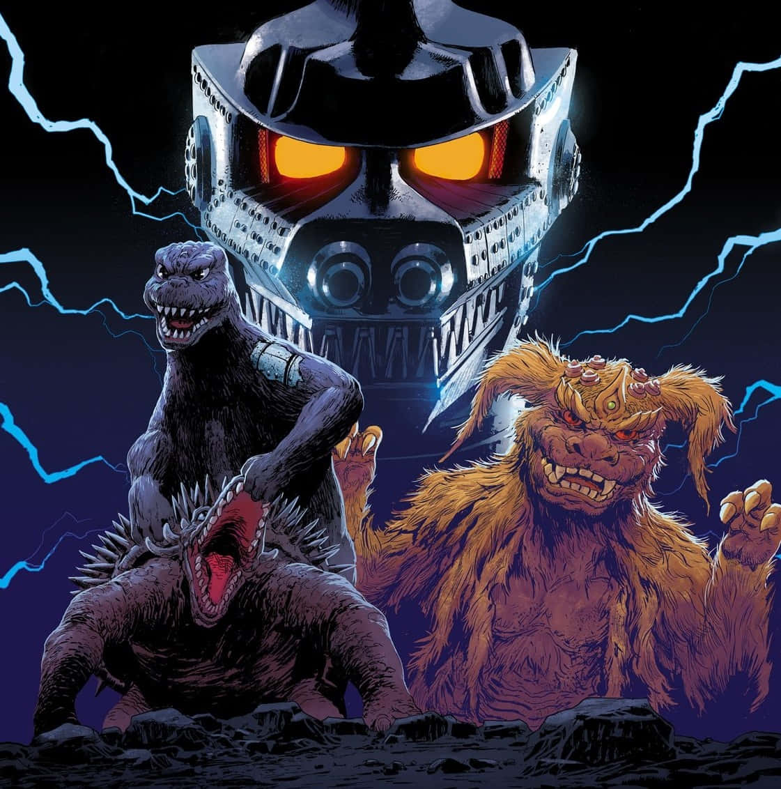 Godzilla Vs Mechagodzilla 桌布 壁紙 — 三隻怪獸級巨獸挑釁地站在暴風雨的天空下，閃電在一個擁有發光橙色眼睛的巨型機械神周圍劈啪作響。
