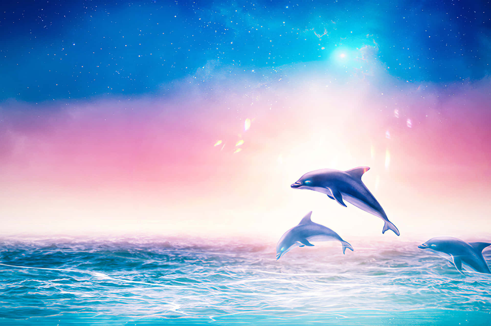 三隻海豚在色彩繽紛的星空下從海洋中跳出。 — 邁阿密海豚 GIF 壁紙