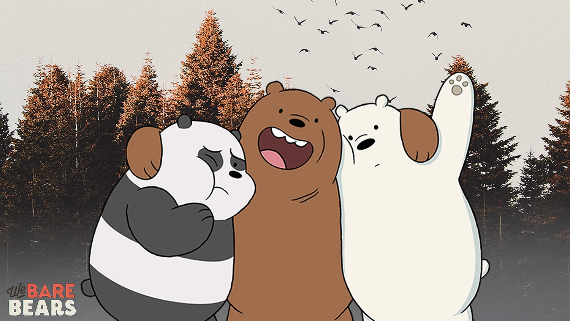 森林中的三隻卡通熊，一隻在笑，一隻在傷心，一隻在揮手