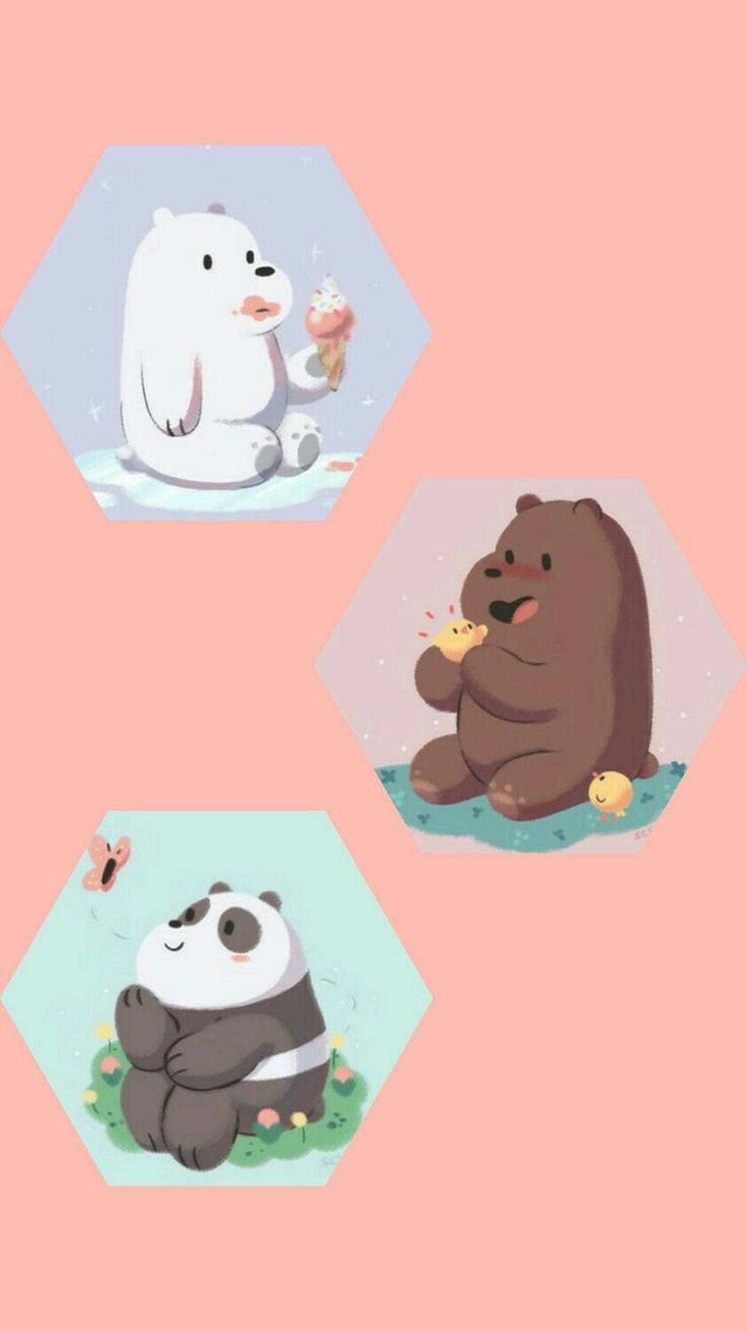 三個六邊形中的卡通熊正在吃冰淇淋並與小雞玩耍。