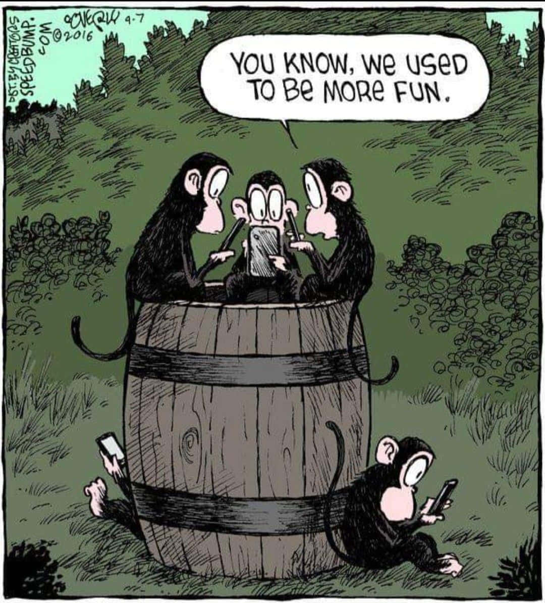 Technology Humor Memes 桌布 壁紙 — 三隻猴子坐在桶上，一隻在地上，全都沉迷於智能手機，對話框寫著「你知道我們以前更有趣。」