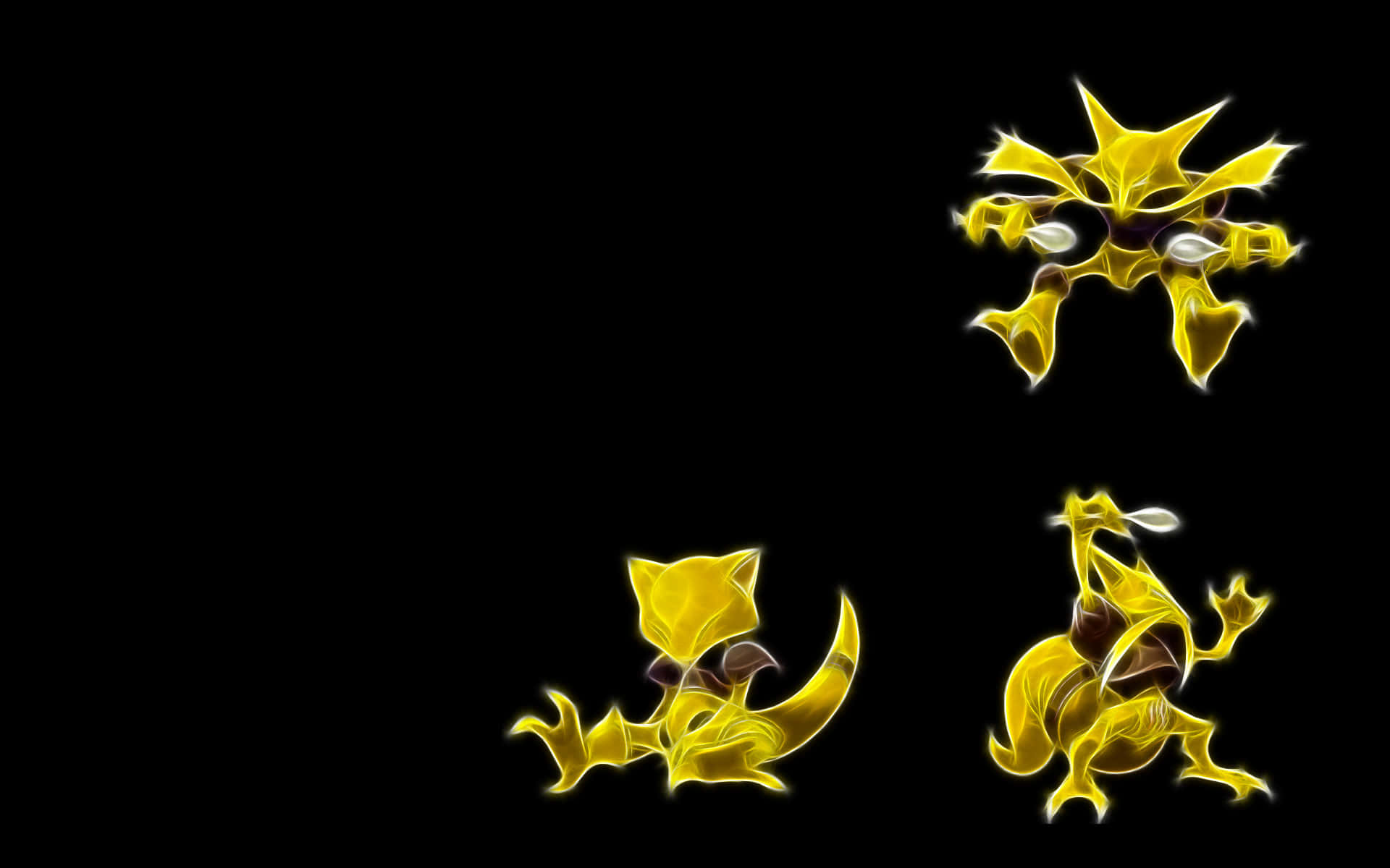 Pokemon Evolution 桌布 壁紙 — 三隻發光黃色風格化貓狀生物，帶有銳利邊緣和白色眼睛，漂浮在黑色背景上。