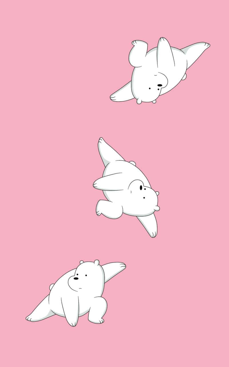 Cartoon Polar Bear 桌布 壁紙 — 三隻白色卡通熊以俏皮的姿勢漂浮在柔和的粉紅色背景上。