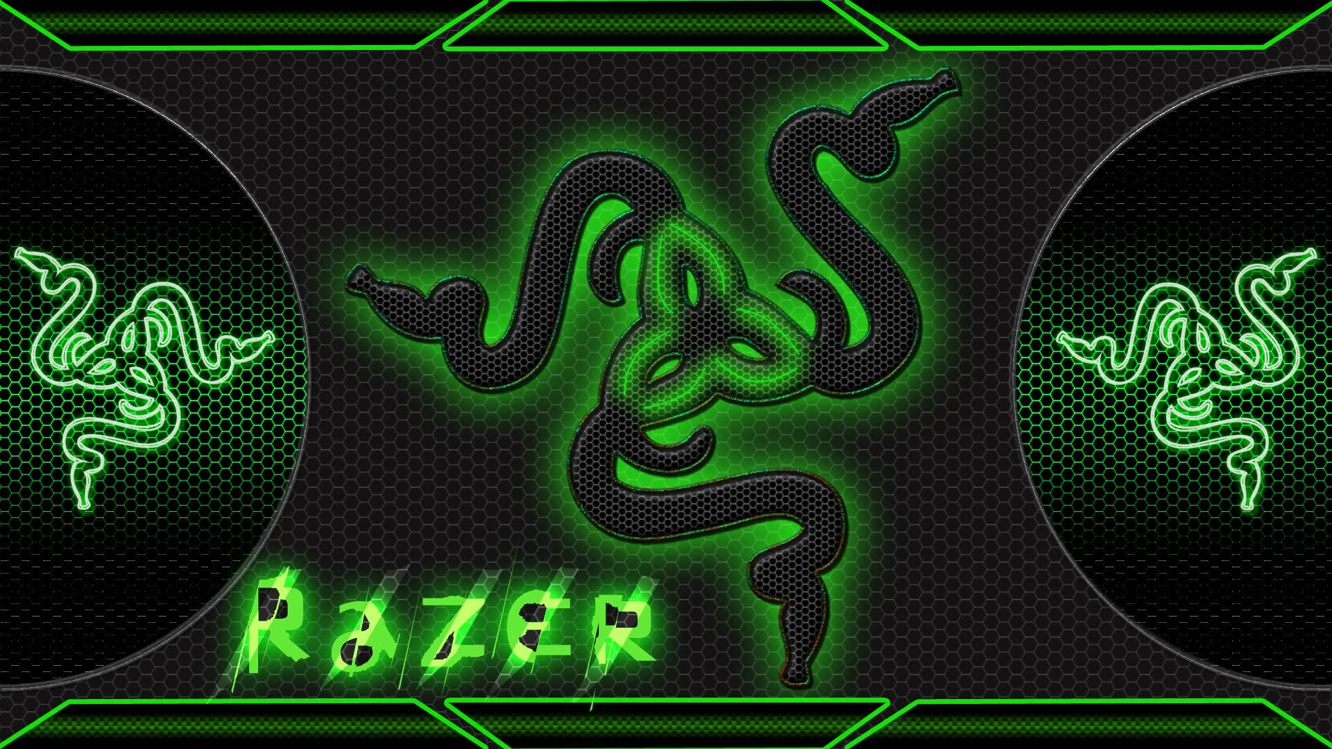 三隻綠色 Razer PC 標誌 壁紙 — 喺深色六角形網格背景上，帶有霓虹輪廓嘅發光綠色Razer標誌。