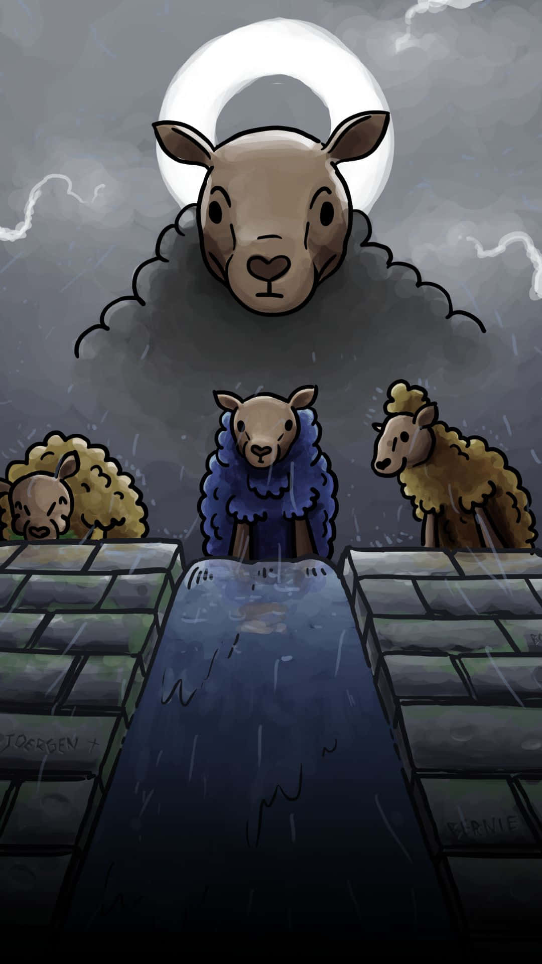 Minecraft Sheep 桌布 壁紙 — 三隻羊站在滿月下的石徑上，雨水在陰暗憂鬱的卡通場景中落下。