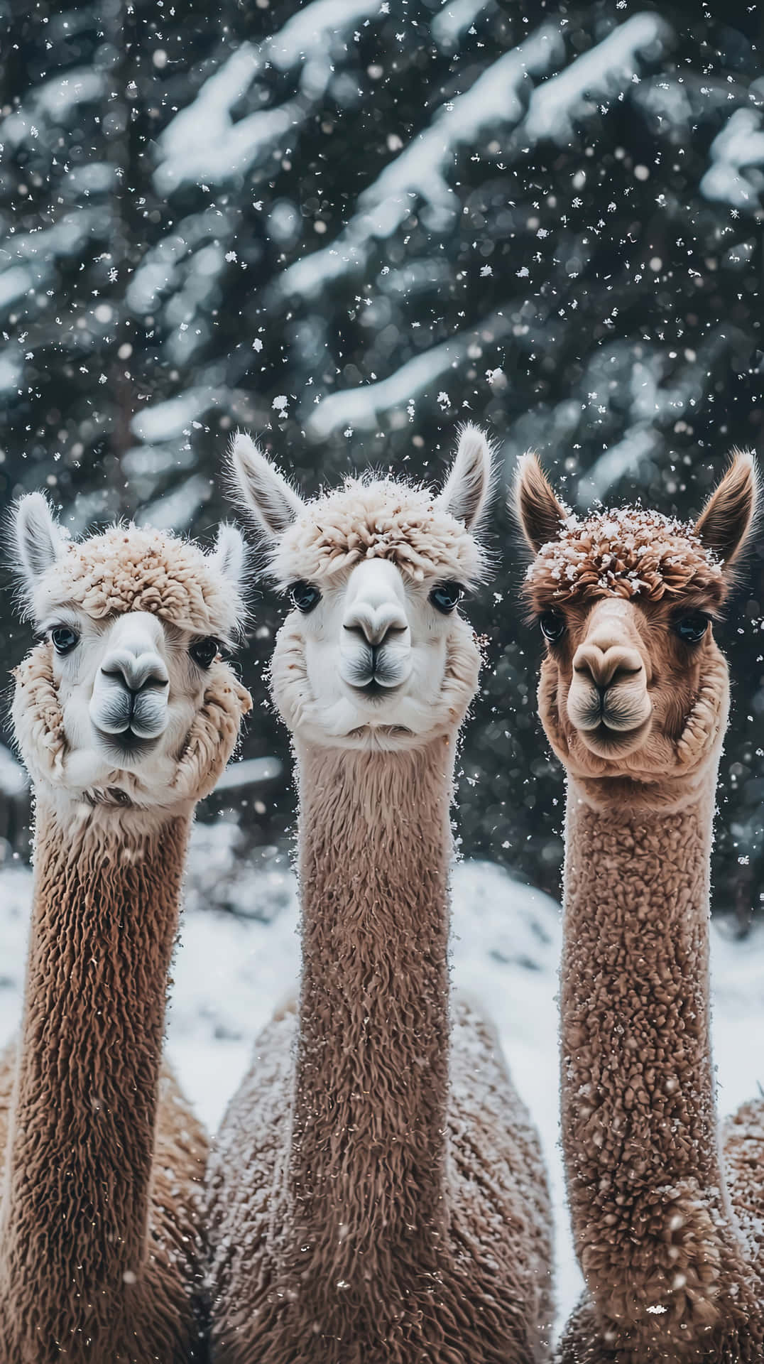 三隻羊毛上帶有雪花的羊駝，在冬季的雪森林中站立。