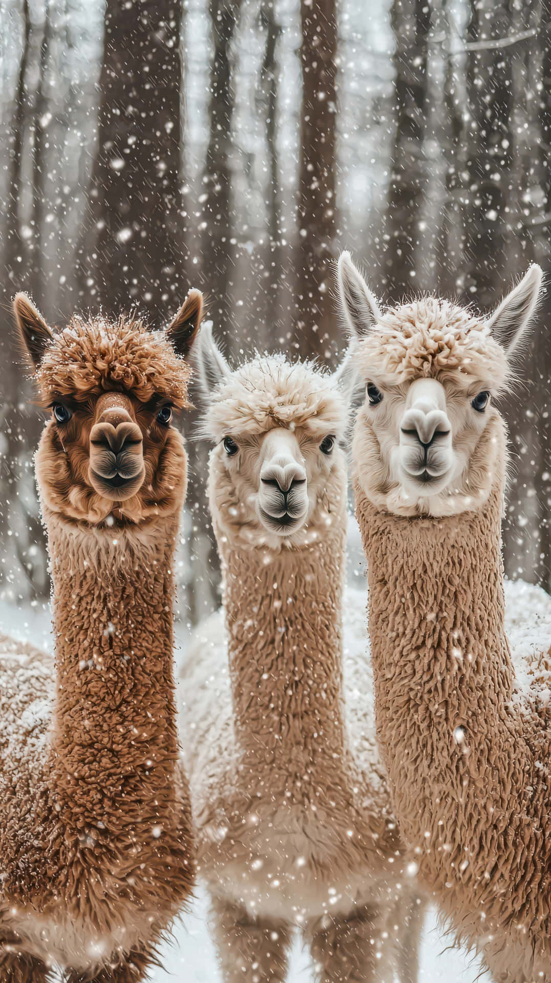 三隻羊駝站在雪地森林中，雪花飄落