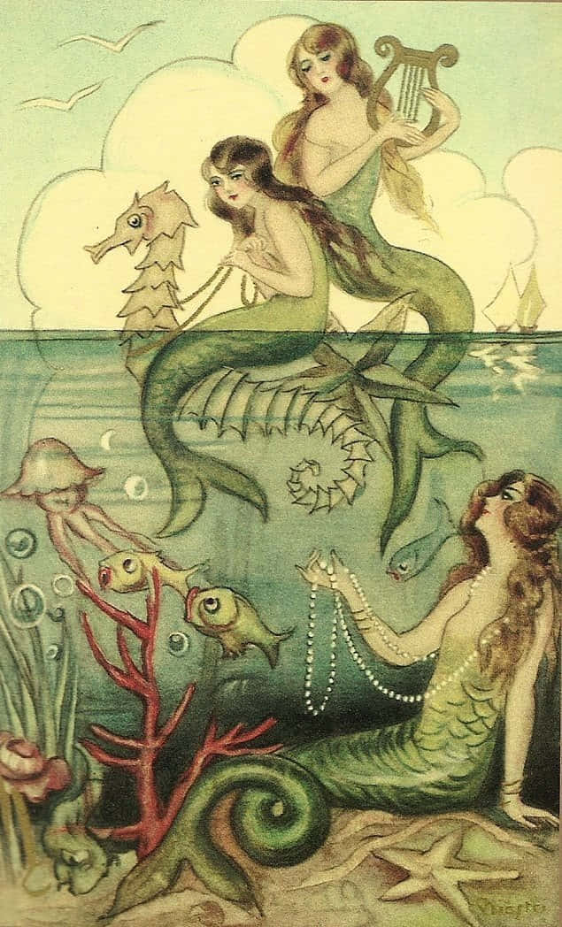 三隻美人魚的復古畫作 壁紙 — 三條優雅嘅美人魚以復古藝術風格點綴海洋水域，帶住海馬同珍珠頸鏈，喺珊瑚同魚群之間。