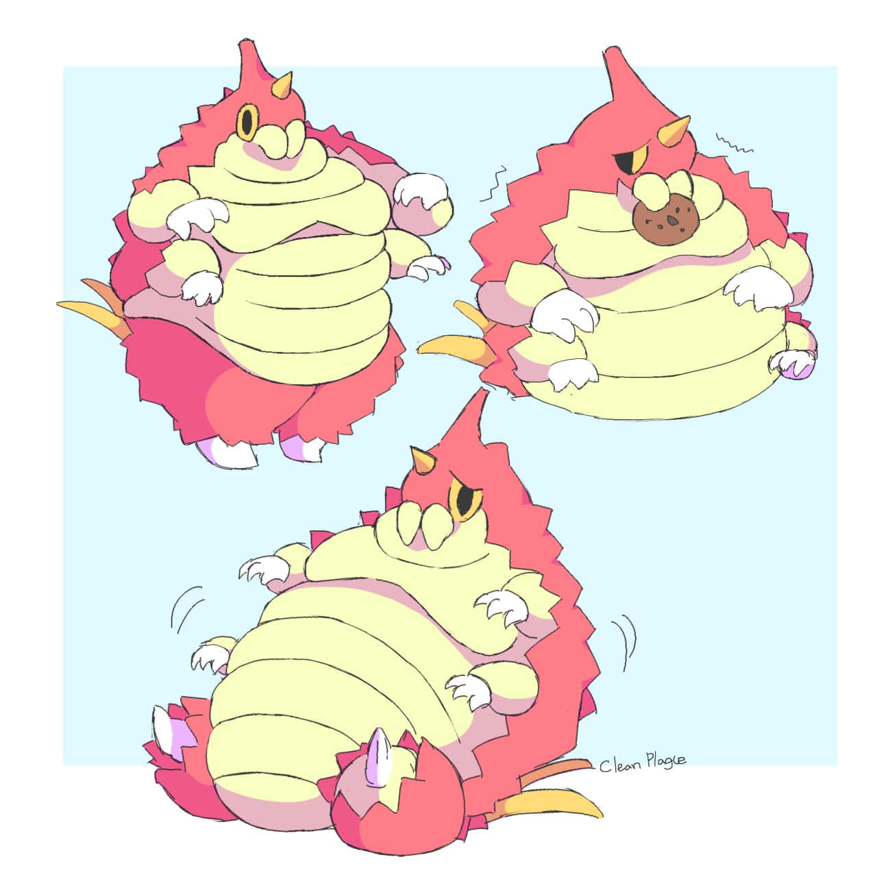 三隻胖Wurmple 壁紙 — 三隻粉紅色和黃色、背部有尖刺和角的胖乎乎動漫風格生物，以不同姿勢坐在淺藍色背景前。