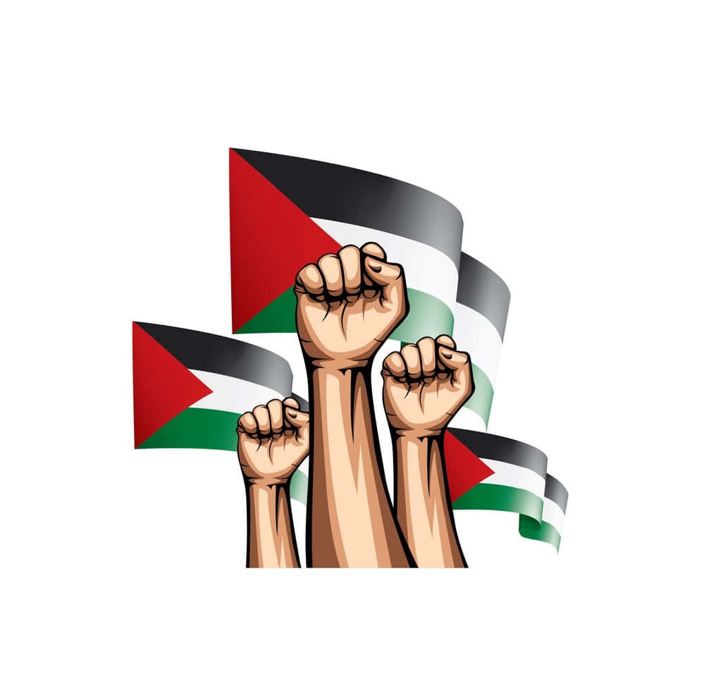 Palestine 桌布 壁紙 — 三隻舉起的拳頭，背後飄揚著巴勒斯坦旗幟，以鮮明的紅、綠、白、黑色展現團結。
